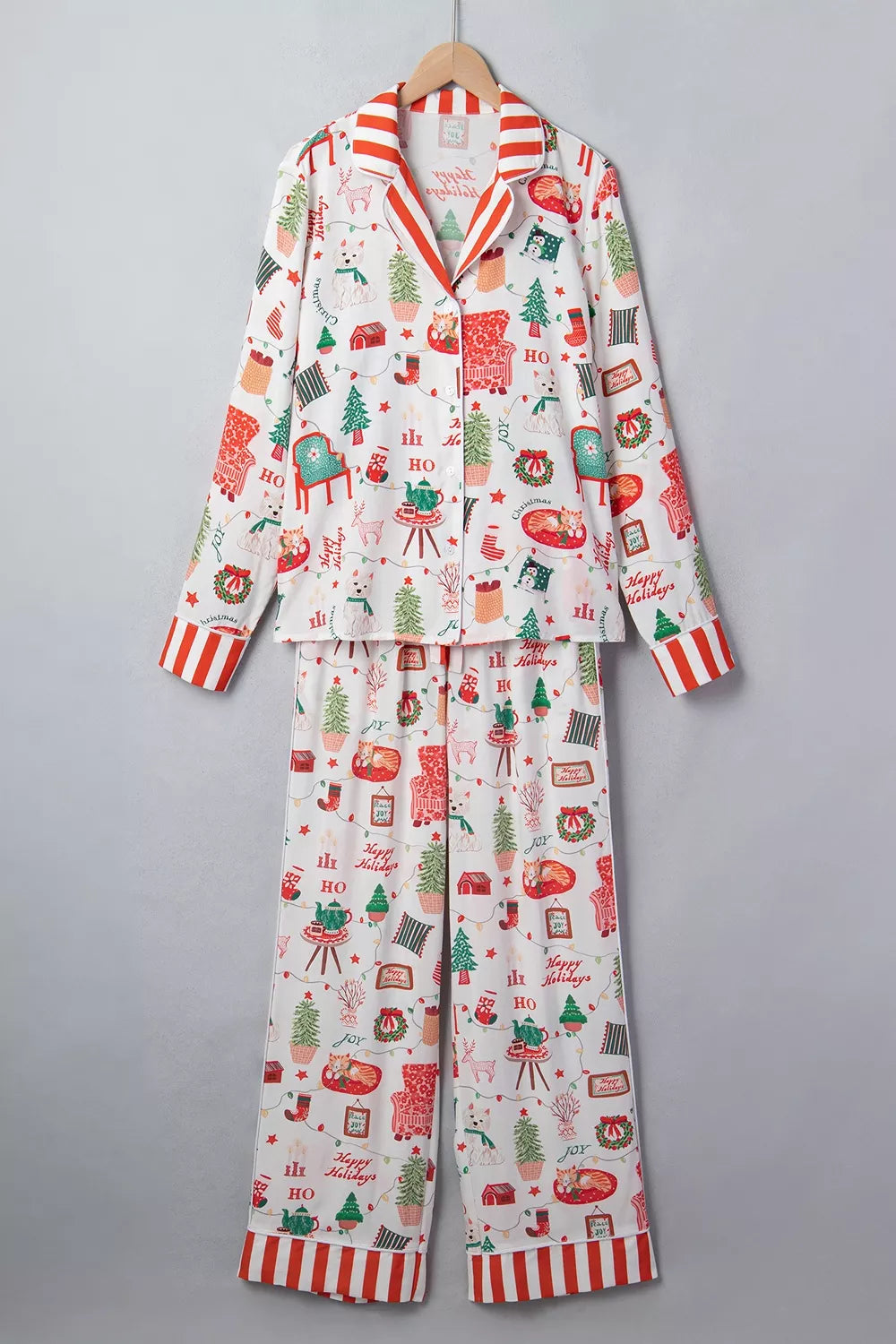 White striped Holiday Long Sleeve Two Piece Shift Home Wear Lounge Set