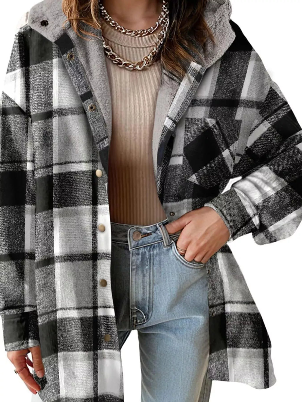 Black-and-white plaid hooded button-up jacket, front view.
