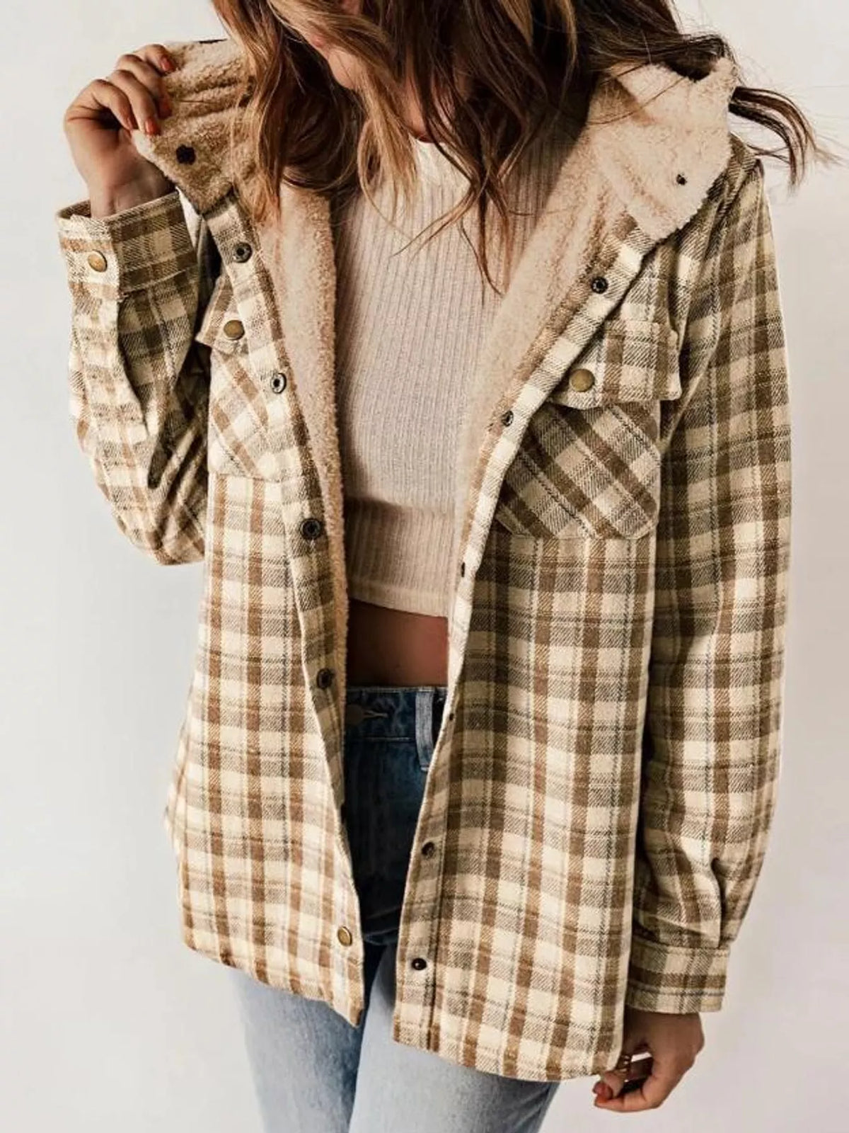 Khaki plaid hooded jacket with cream plush lining, front view.