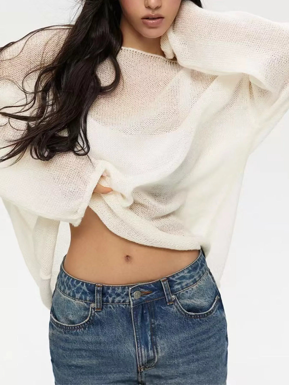 Cream sheer Lightweight Knit Top