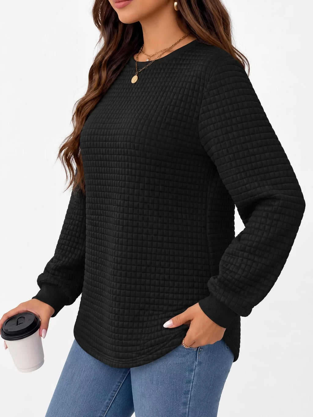 Black textured Waffle Knit Crew Neck Sweatshirt