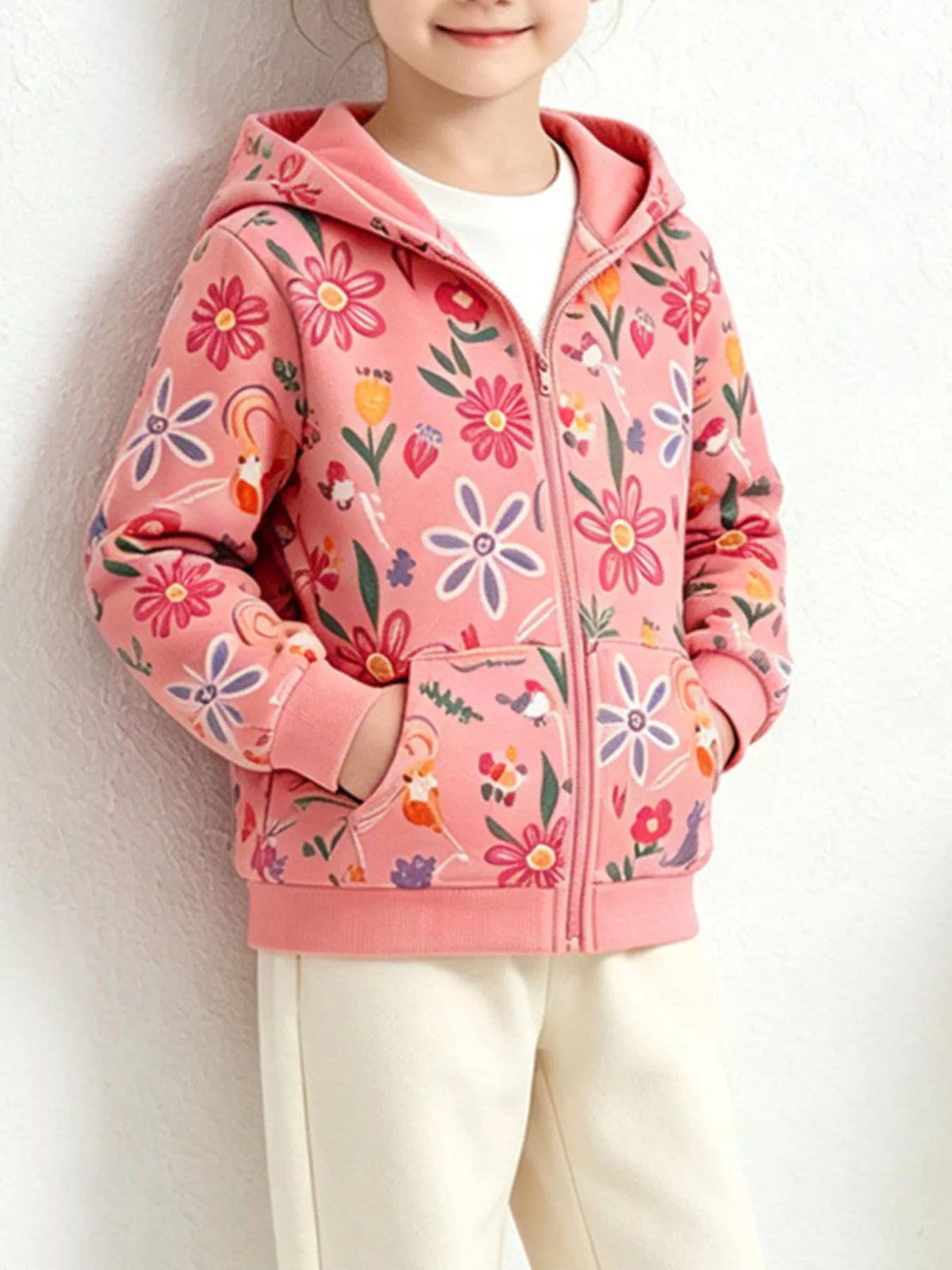 Child wearing a pink zip-up hoodie with multicolor flowers and front pockets.