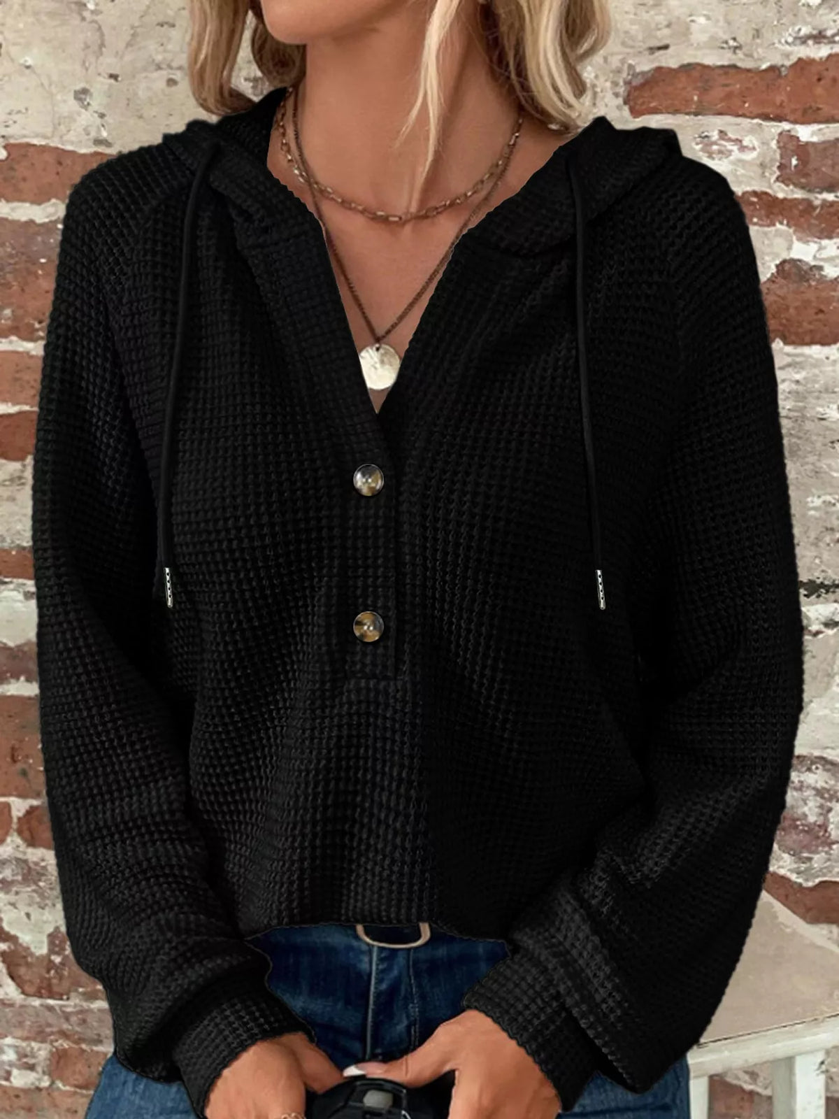 Black waffle Knit Button Detail Hoodie