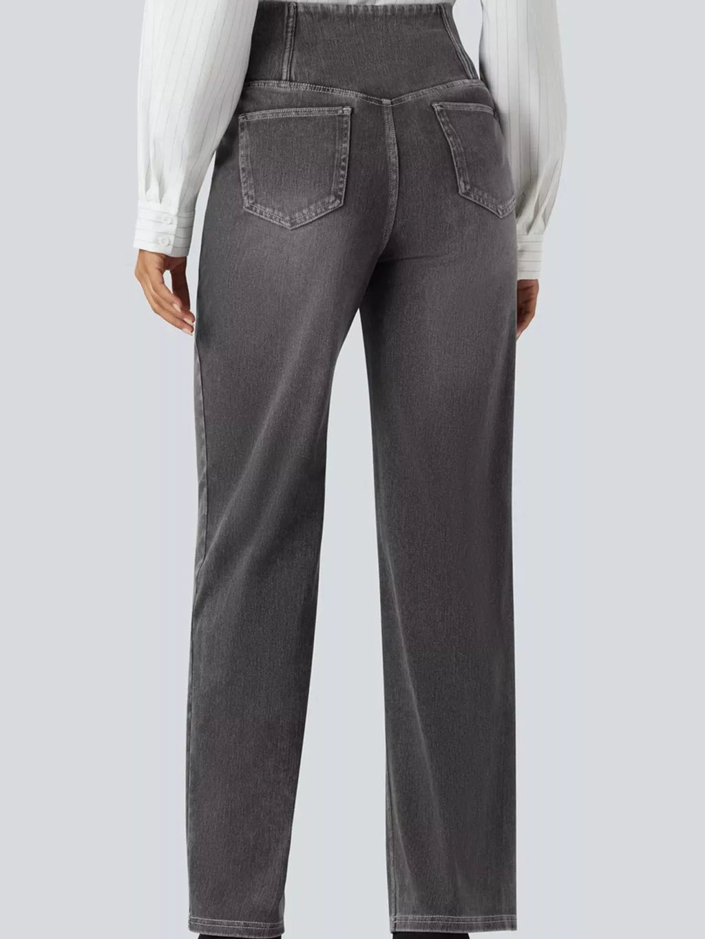 Black high-waisted crossover waistband straight-leg jeans — back view
