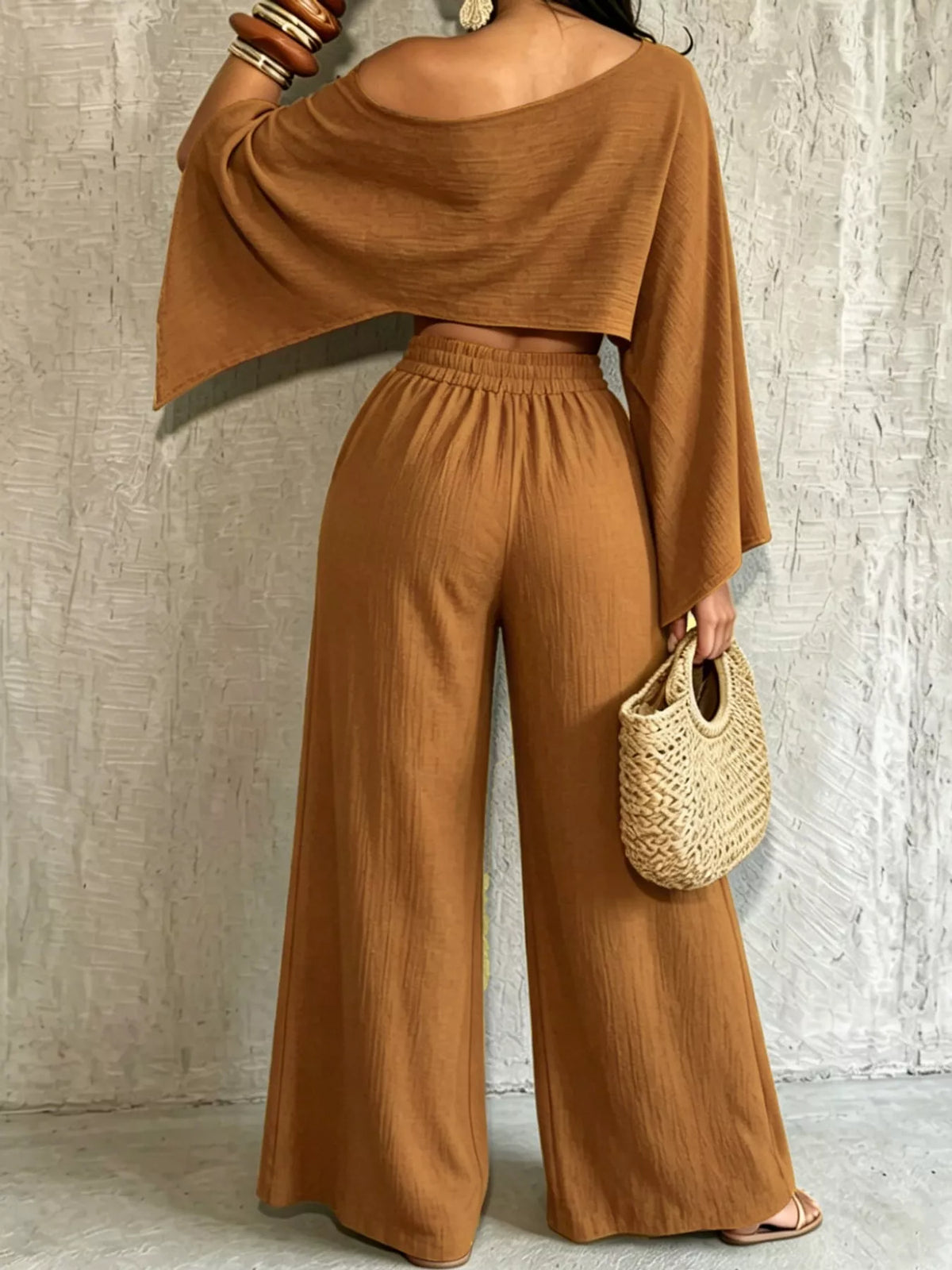 Brown boat Neck Crop Top and Wide-Leg Pants Set — back view