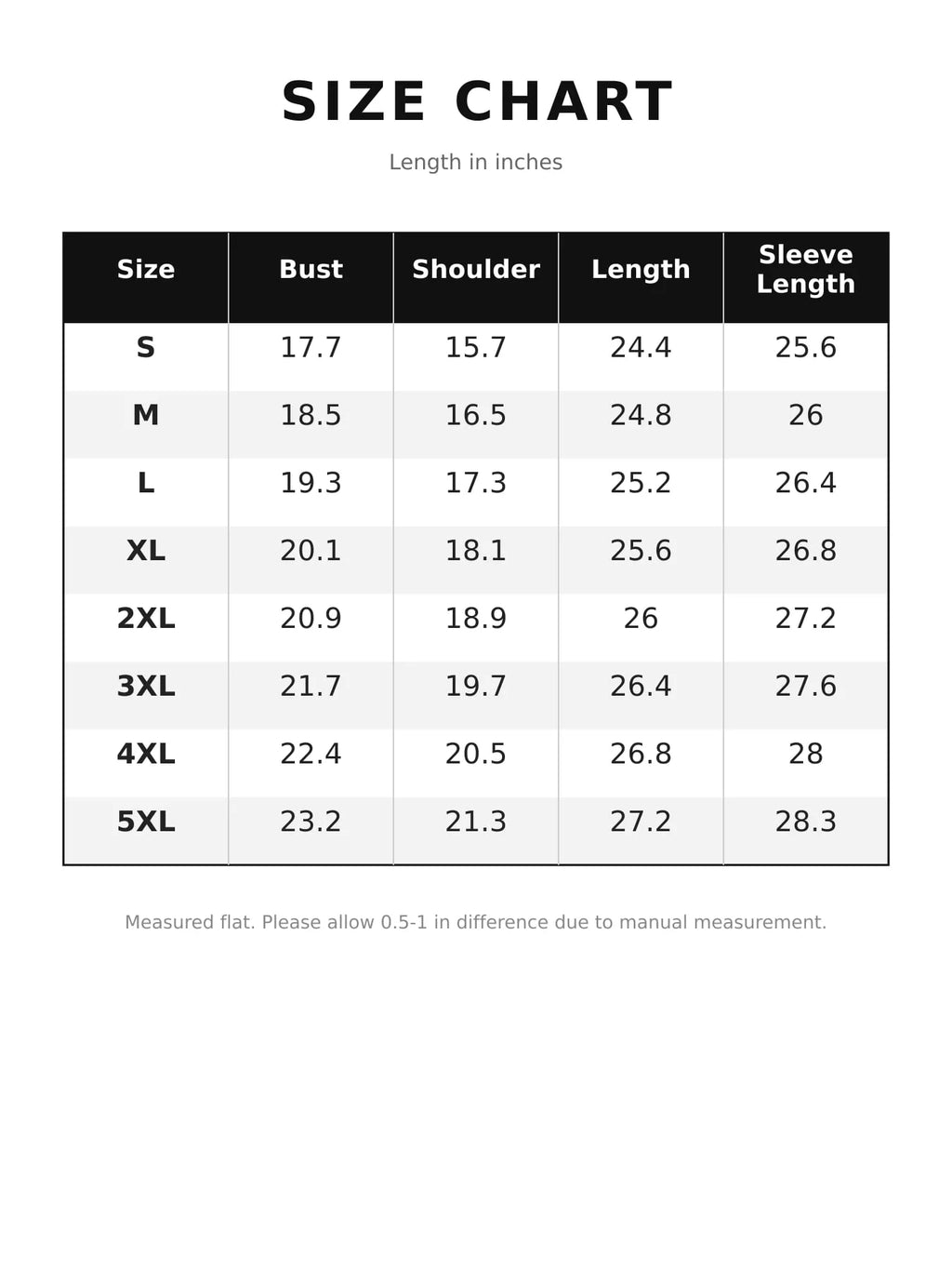 Supplier size chart for the button-front denim jacket, with measurements in inches.
