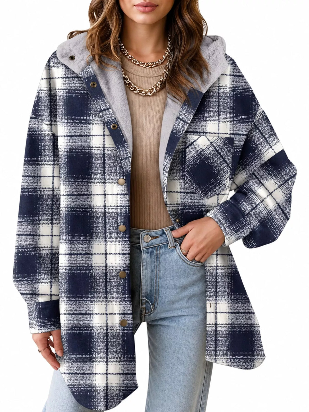 Navy-and-white plaid hooded jacket, front view.