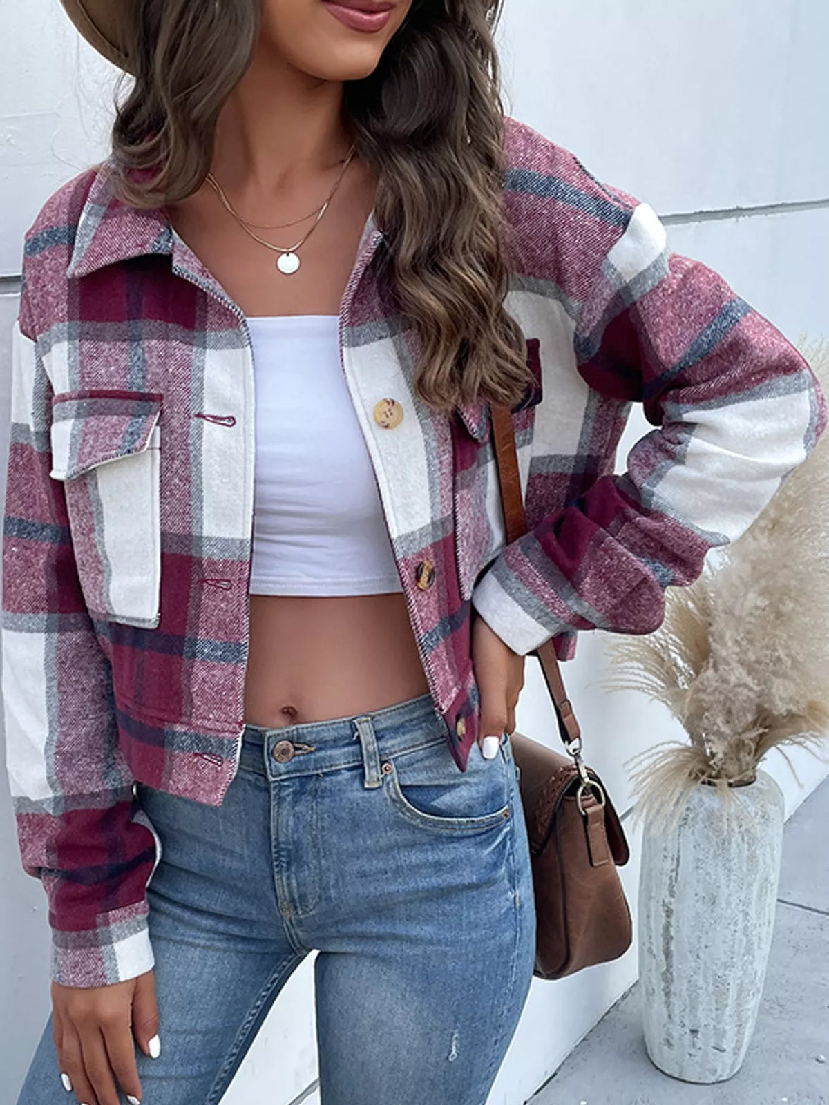 Burgundy color-block plaid cropped jacket with flap chest pockets, front view.