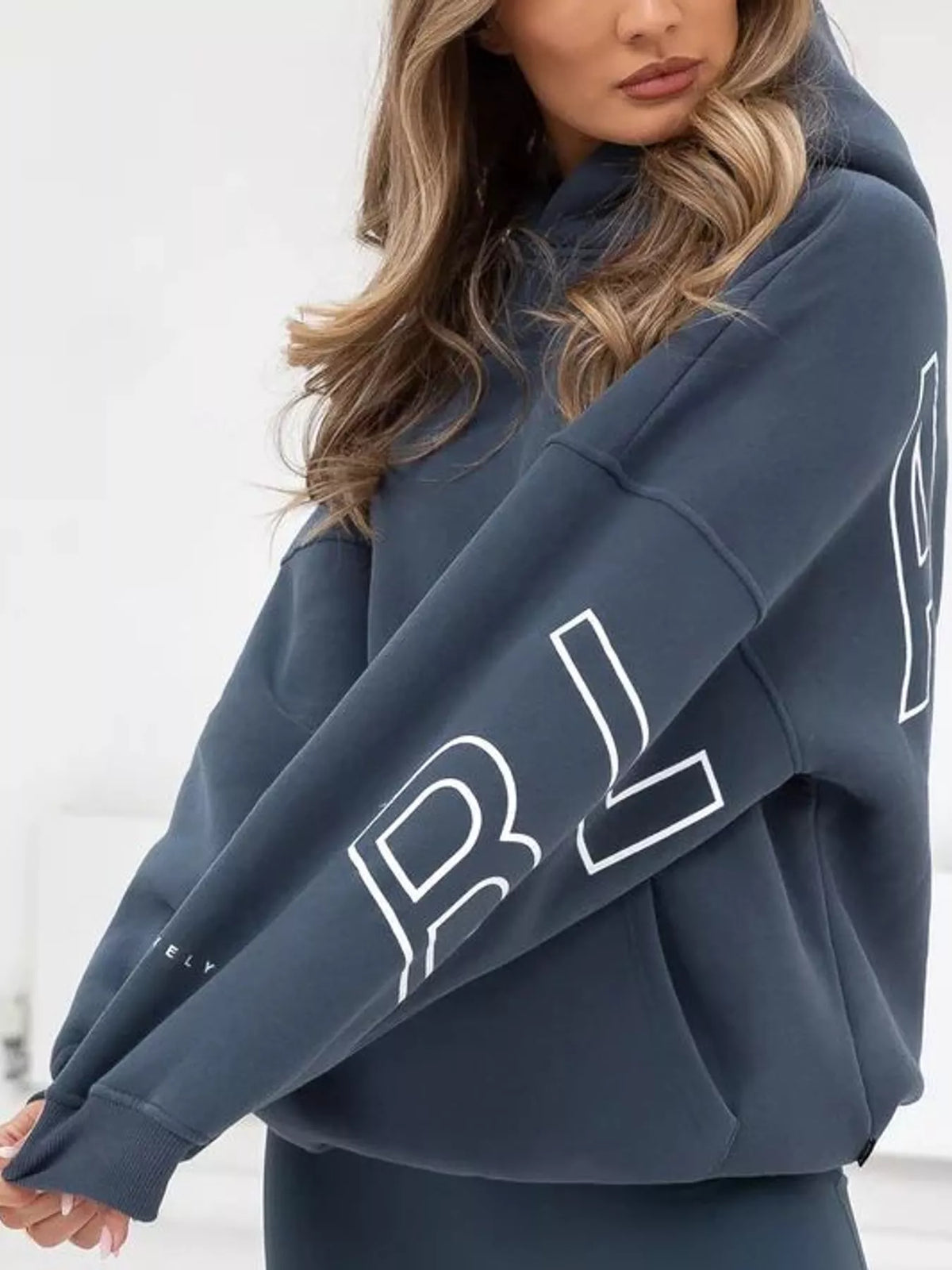 Slate blue letter Back Hoodie with Kangaroo Pocket