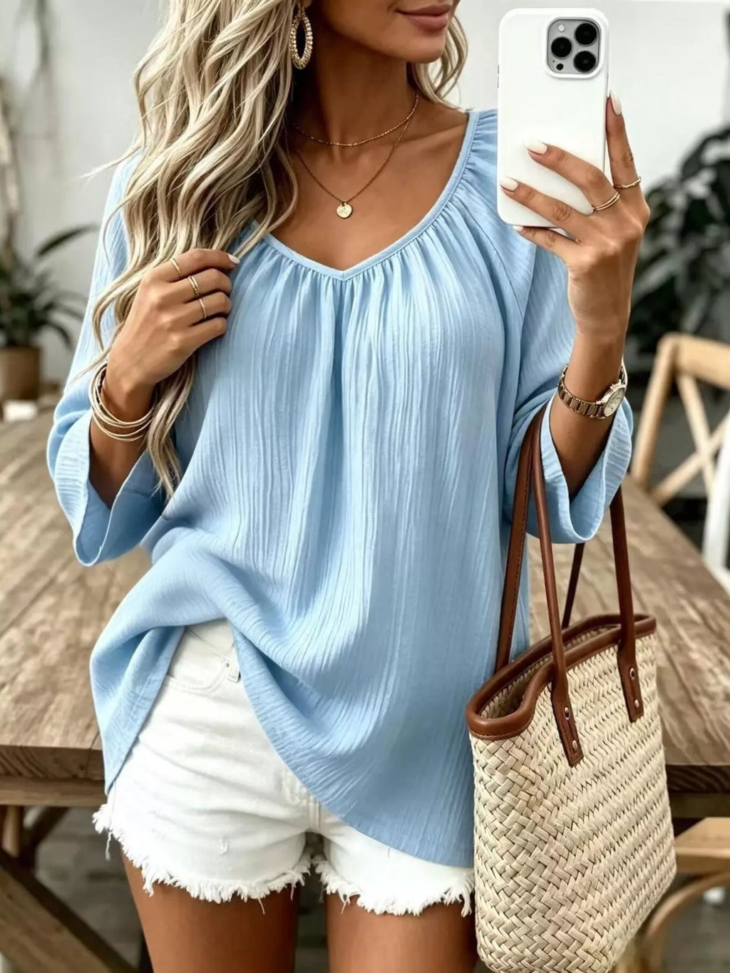 Light blue textured V-Neck T-Shirt