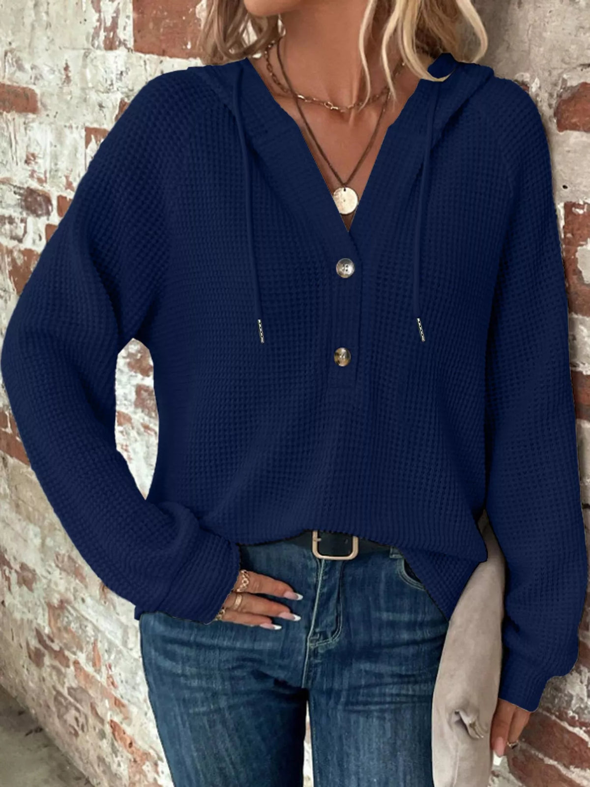 Navy waffle Knit Button Detail Hoodie