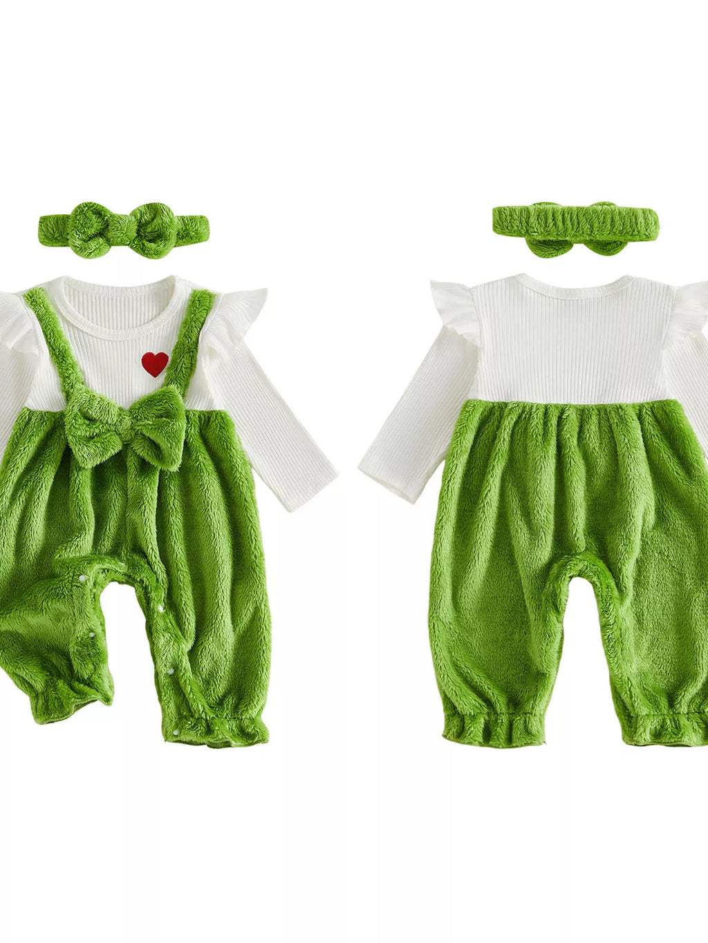 Green fuzzy baby overalls and matching bow headband with a white long-sleeve top displayed flat