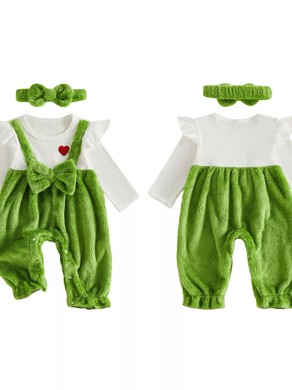 Green fuzzy baby overalls and matching bow headband with a white long-sleeve top displayed flat