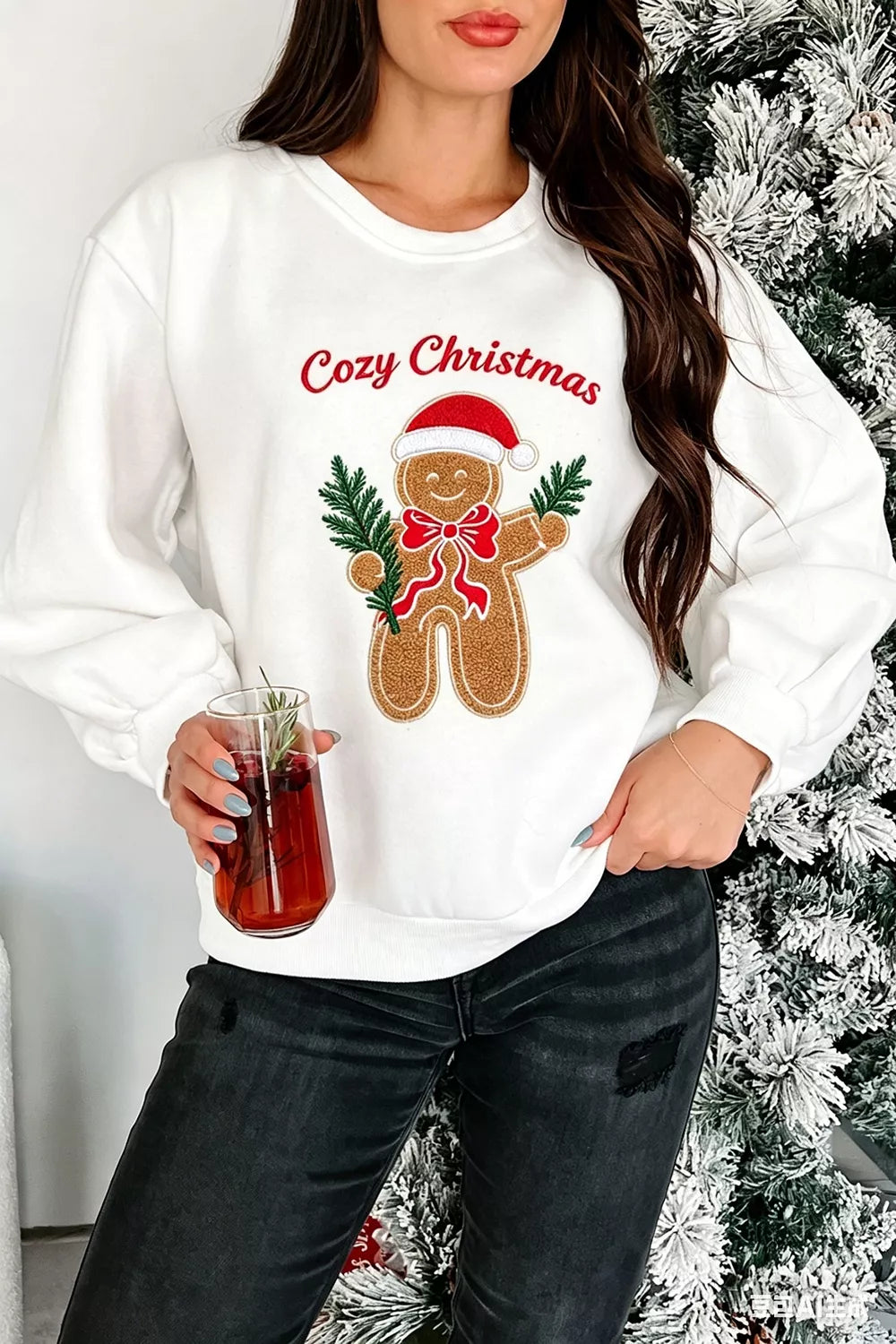 White embroidered Gingerbread Cozy Christmas Long Sleeve Round Neck Sweatshirt