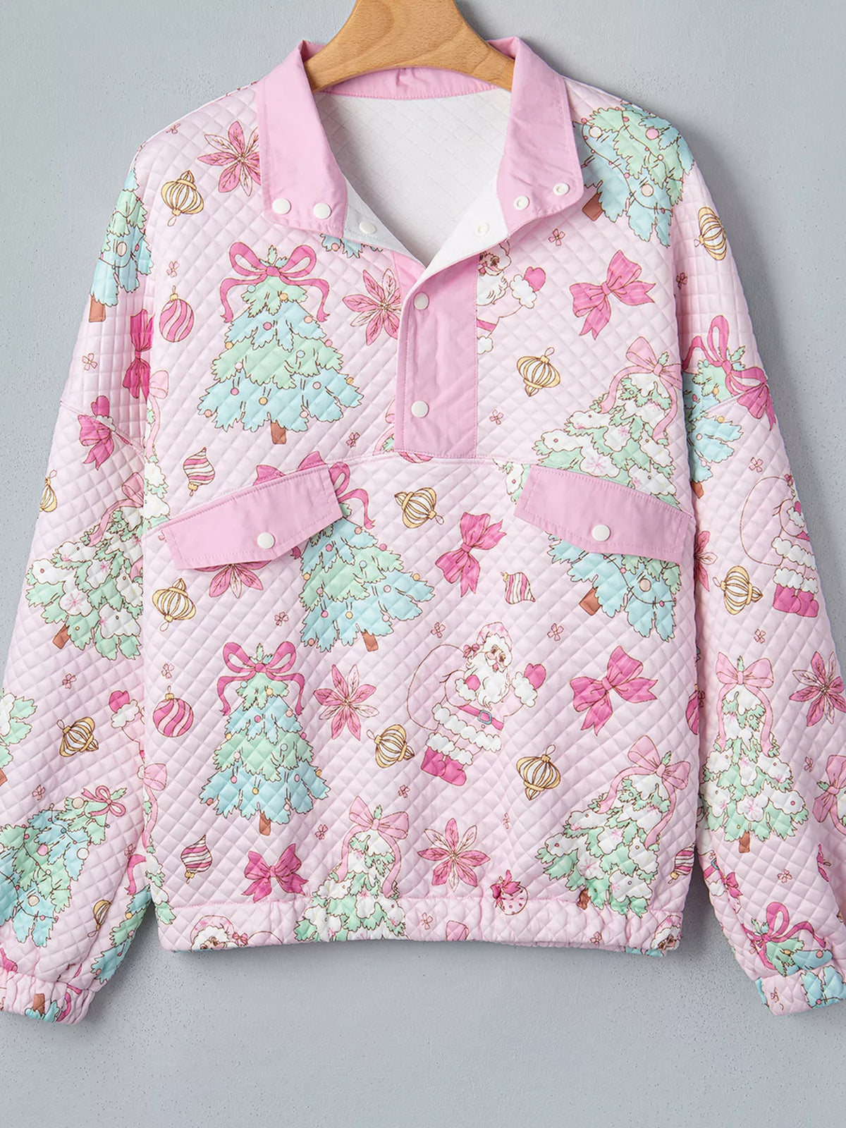 Pink christmas Print Collar Half Button Loose Sweatshirt