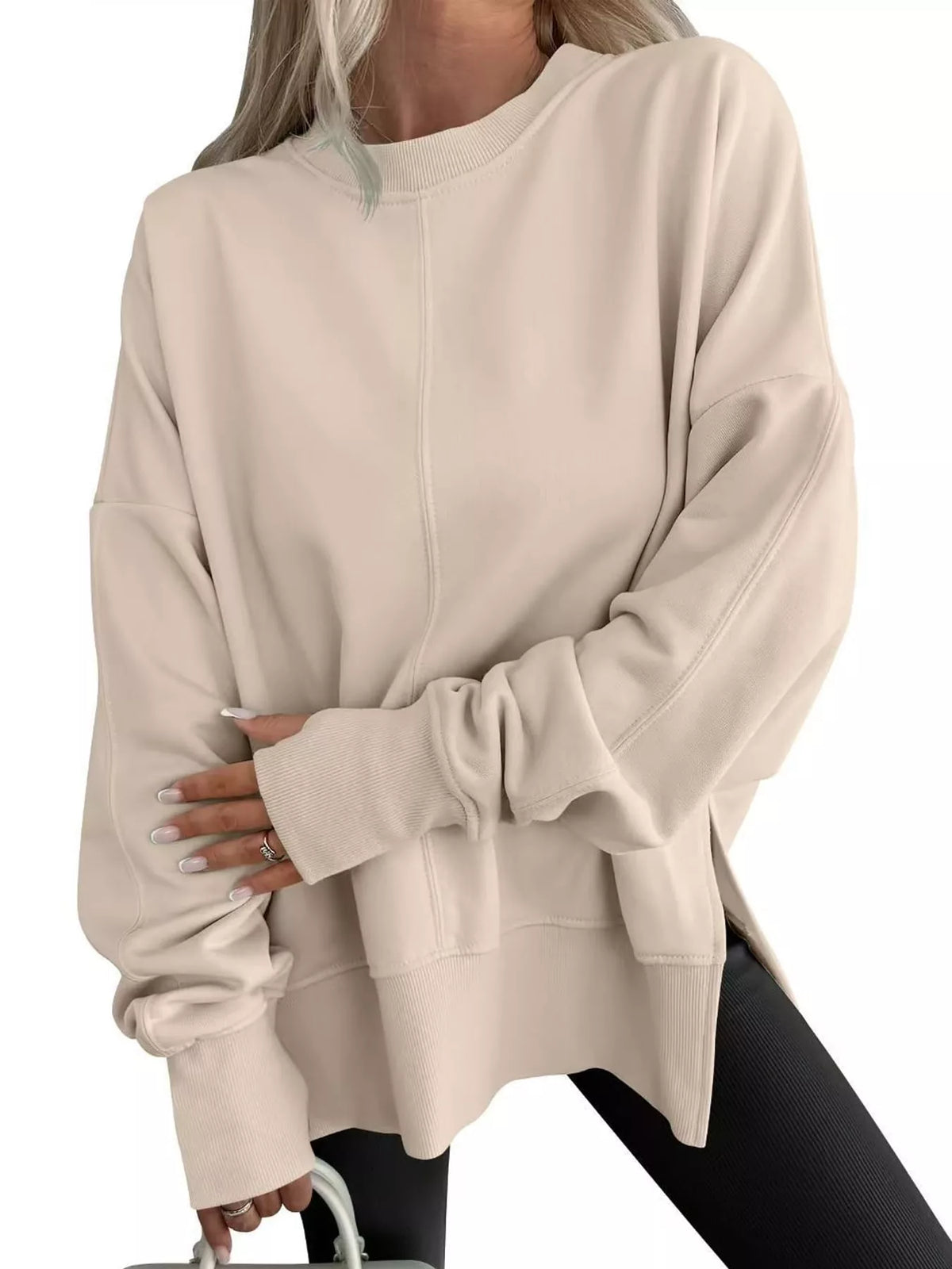 Beige oversized Crew Neck Sweatshirt with Side Slit
