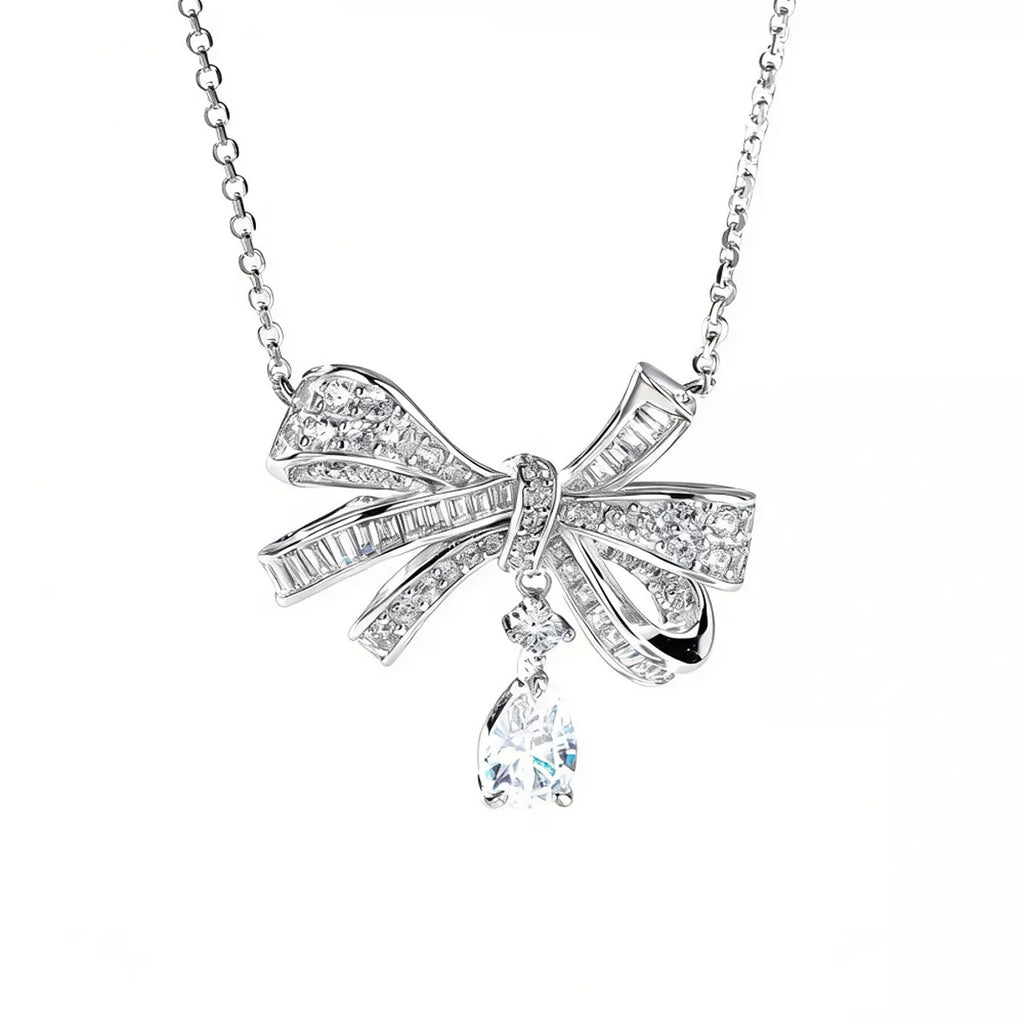 925 Sterling Silver Zircon Bow Teardrop Necklace