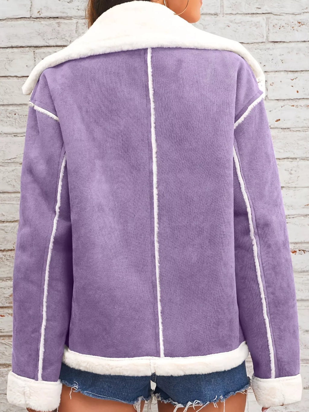 Violet jacket with wide white plush lapels, contrast trim and front pockets, back view.