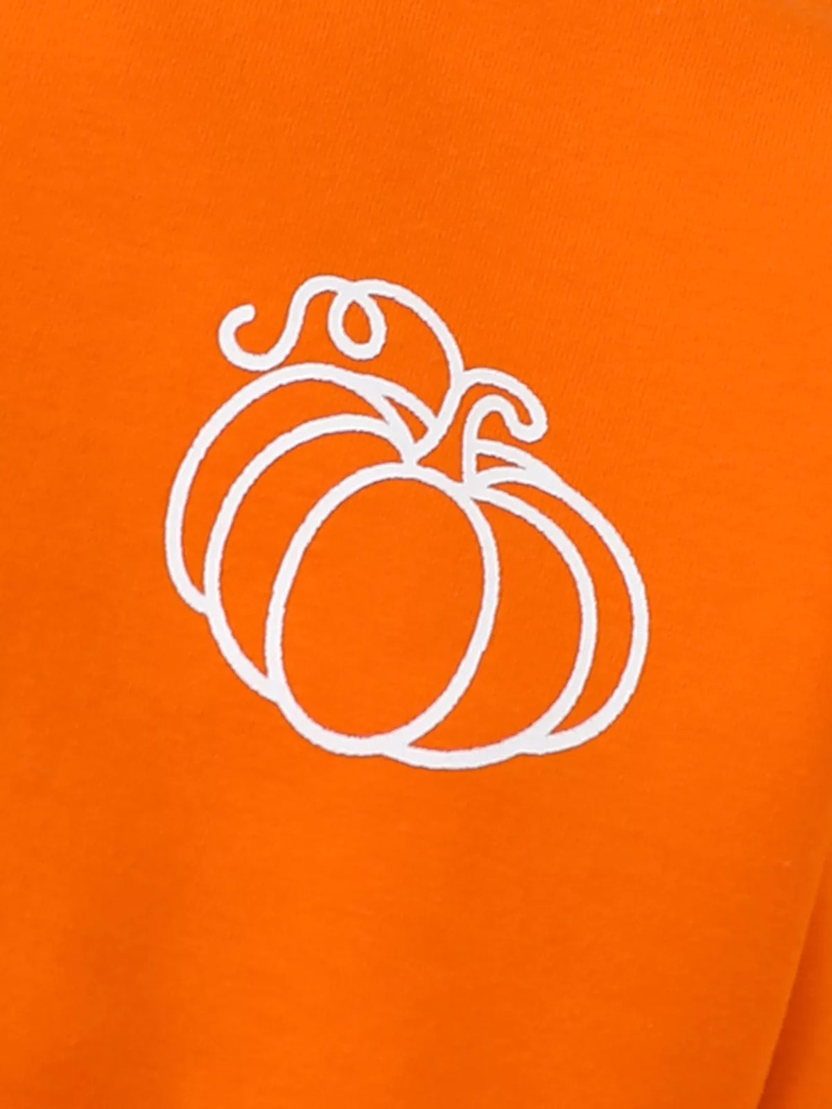 White outlined pumpkin graphic on the orange sweatshirt