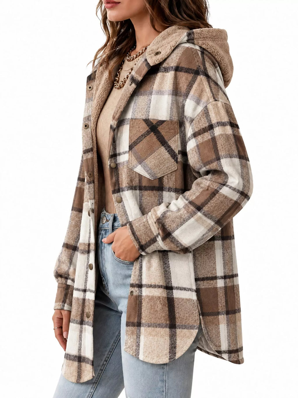 Side view of the khaki plaid hooded jacket.
