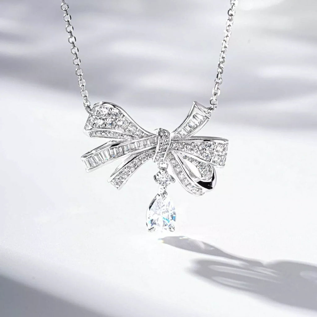 925 Sterling Silver Zircon Bow Teardrop Necklace