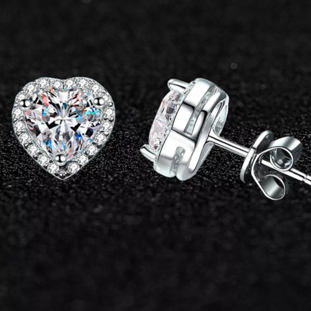 Heart-shaped clear stone halo stud earrings — detail view