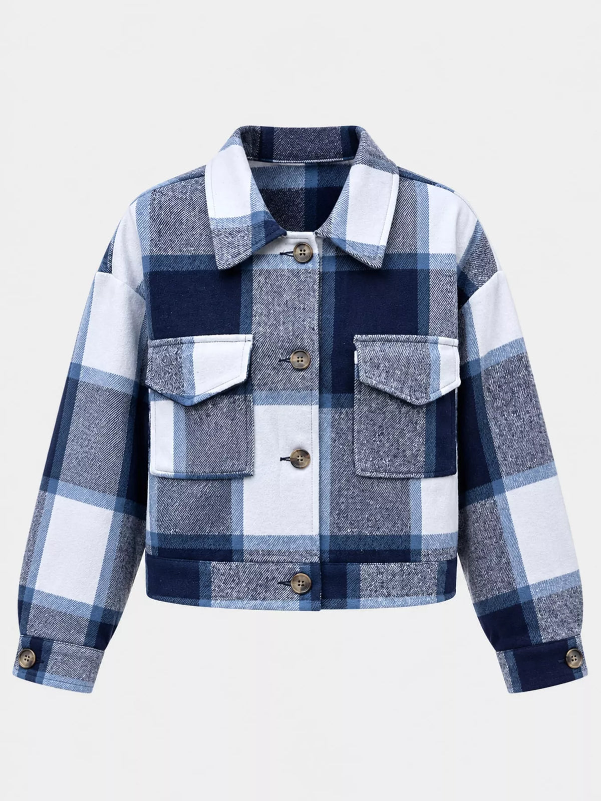 Navy color-block plaid cropped jacket with flap chest pockets, displayed flat.