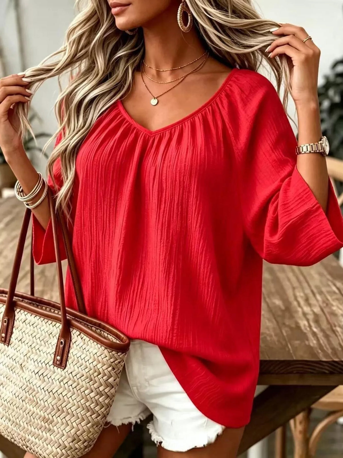 Red textured V-Neck T-Shirt
