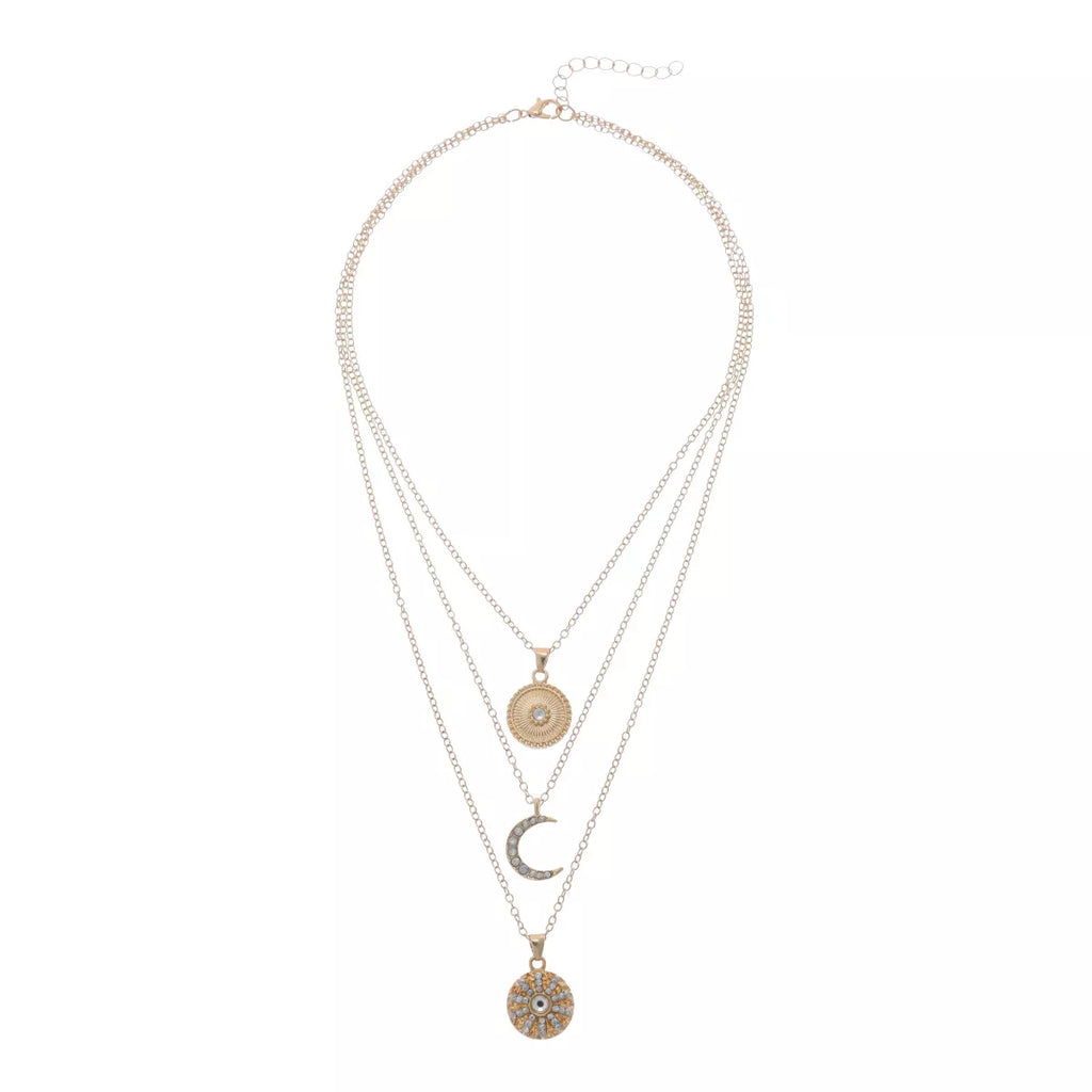 Layered gold-tone moon and coin pendant necklace