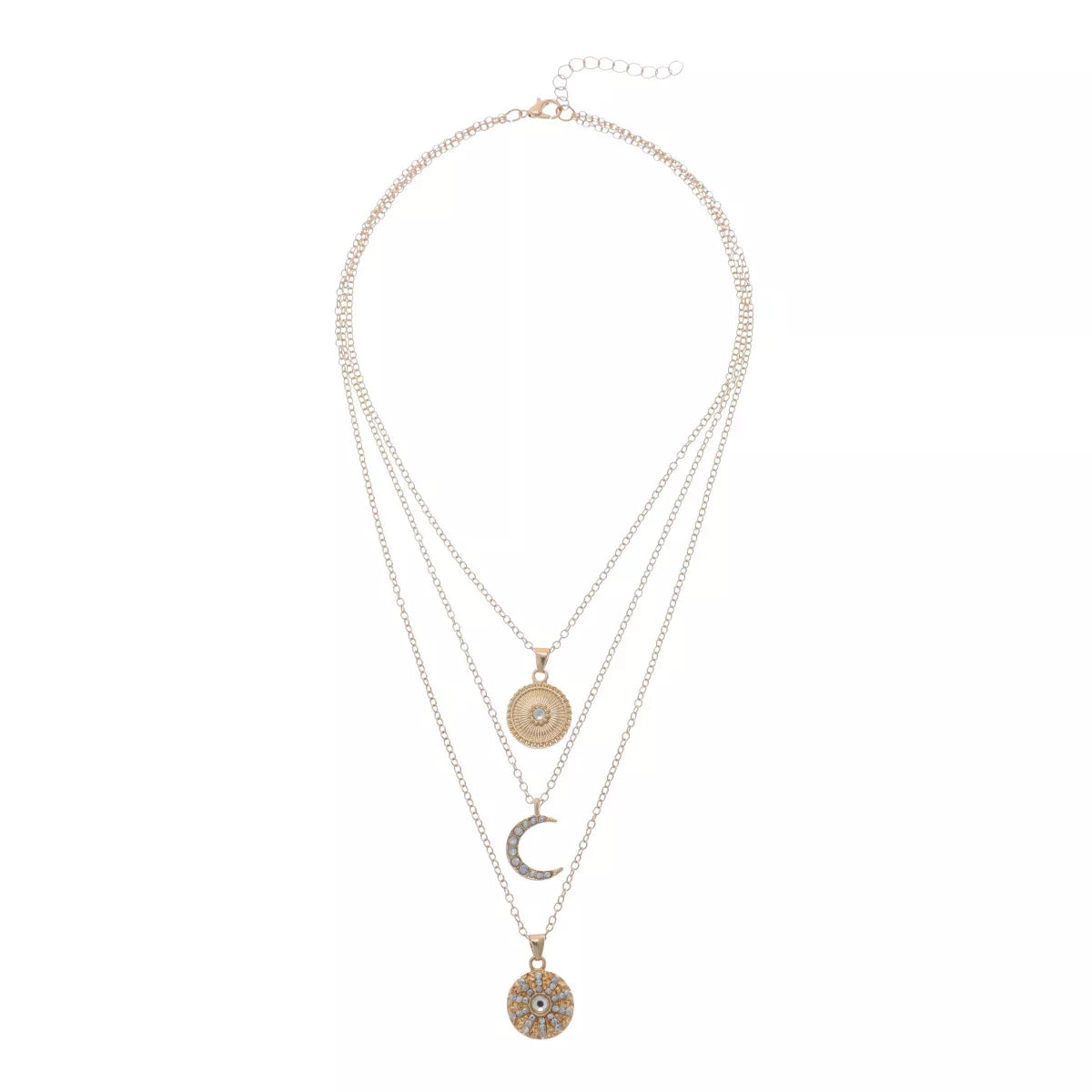 Layered gold-tone moon and coin pendant necklace