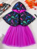 Black bat-print hooded cape paired with a black bodice and bright purple tulle skirt.