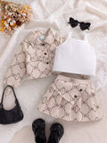 Children’s bow-print jacket and pleated skirt with a white ribbed tank displayed flat