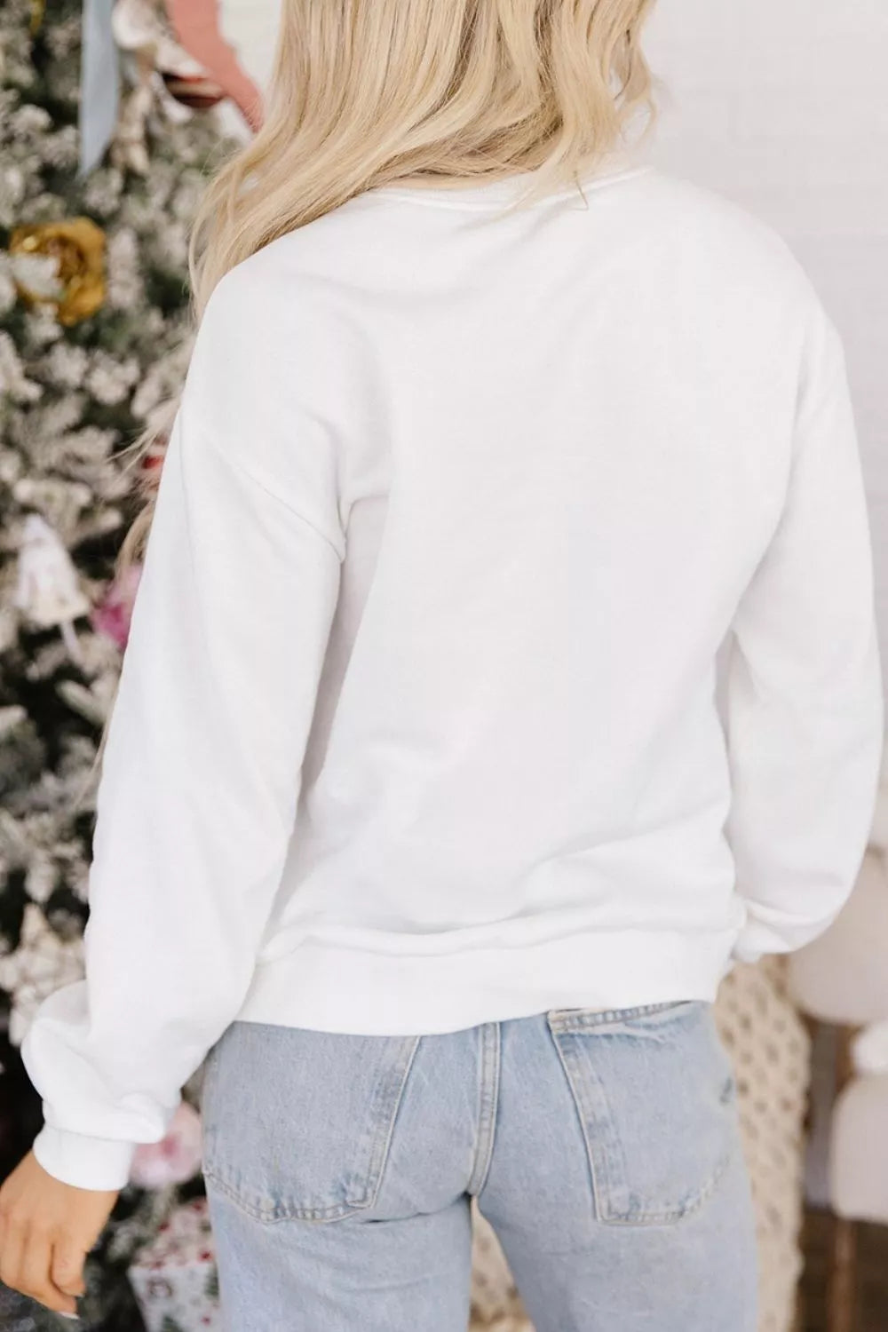 White embroidered Gingerbread Cozy Christmas Long Sleeve Round Neck Sweatshirt — back view