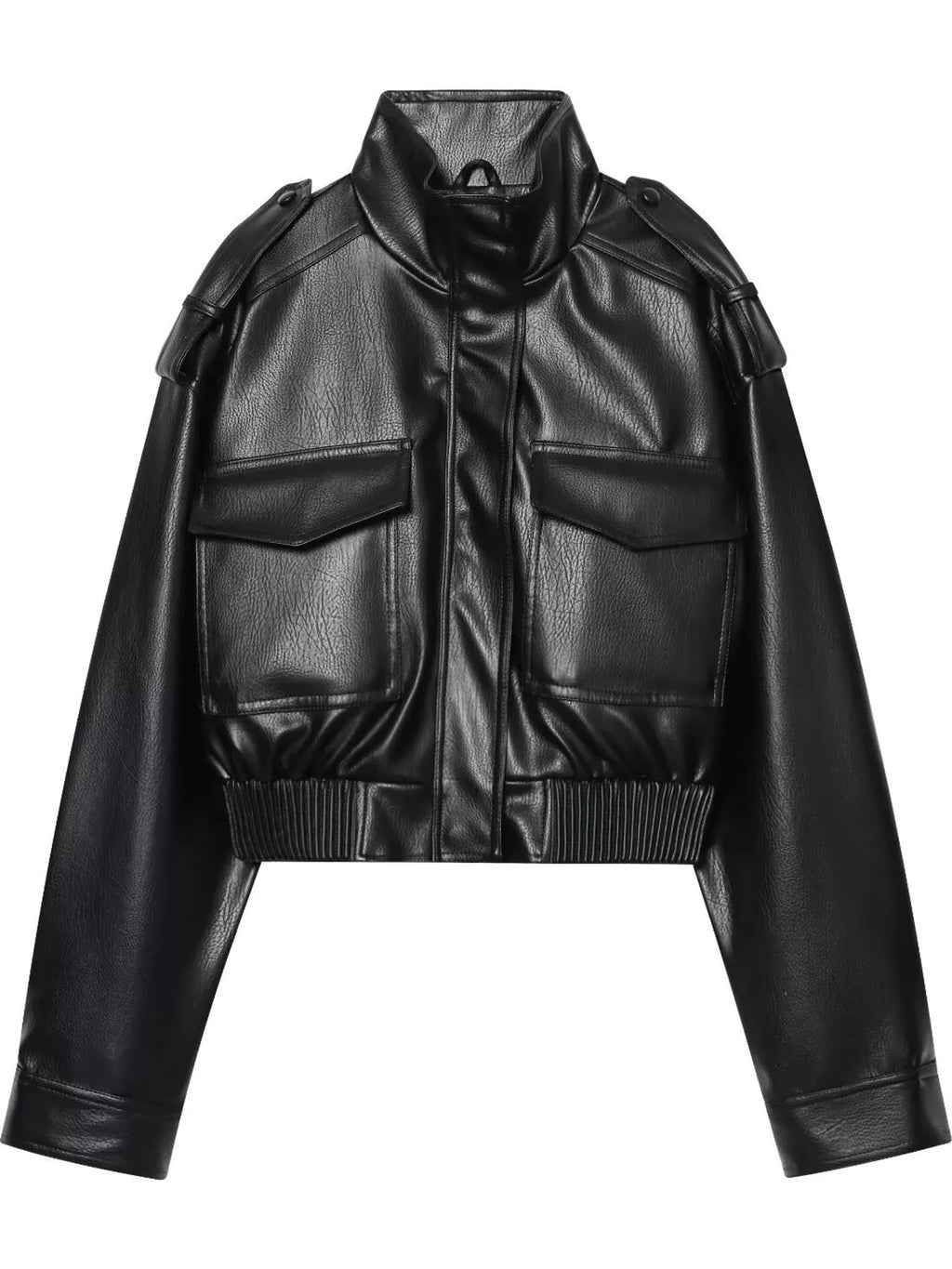 Black faux-leather cropped bomber jacket with stand collar and flap pockets, front view.
