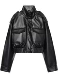Black faux-leather cropped bomber jacket with stand collar and flap pockets, front view.