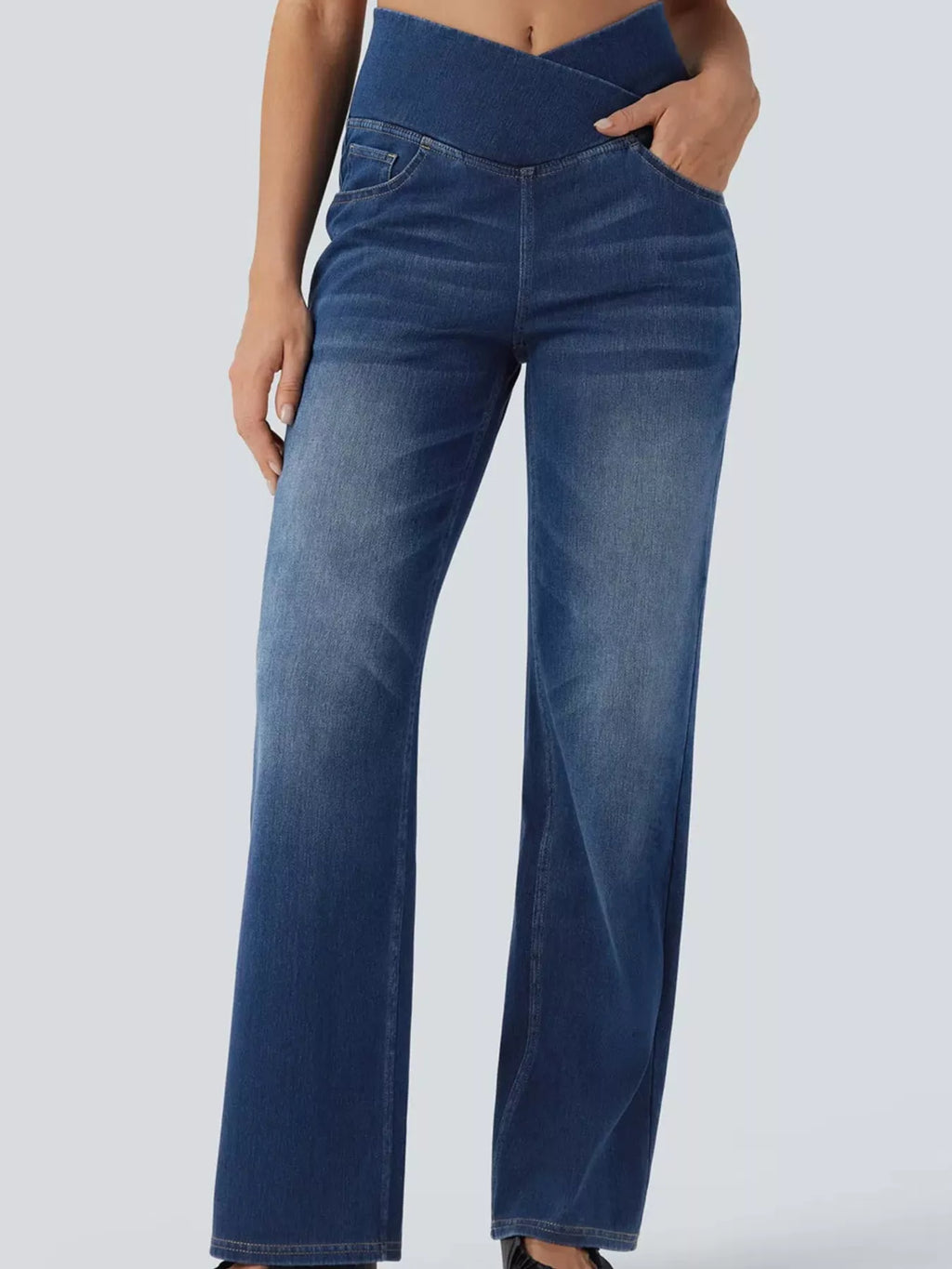 Dark blue high-waisted crossover waistband straight-leg jeans