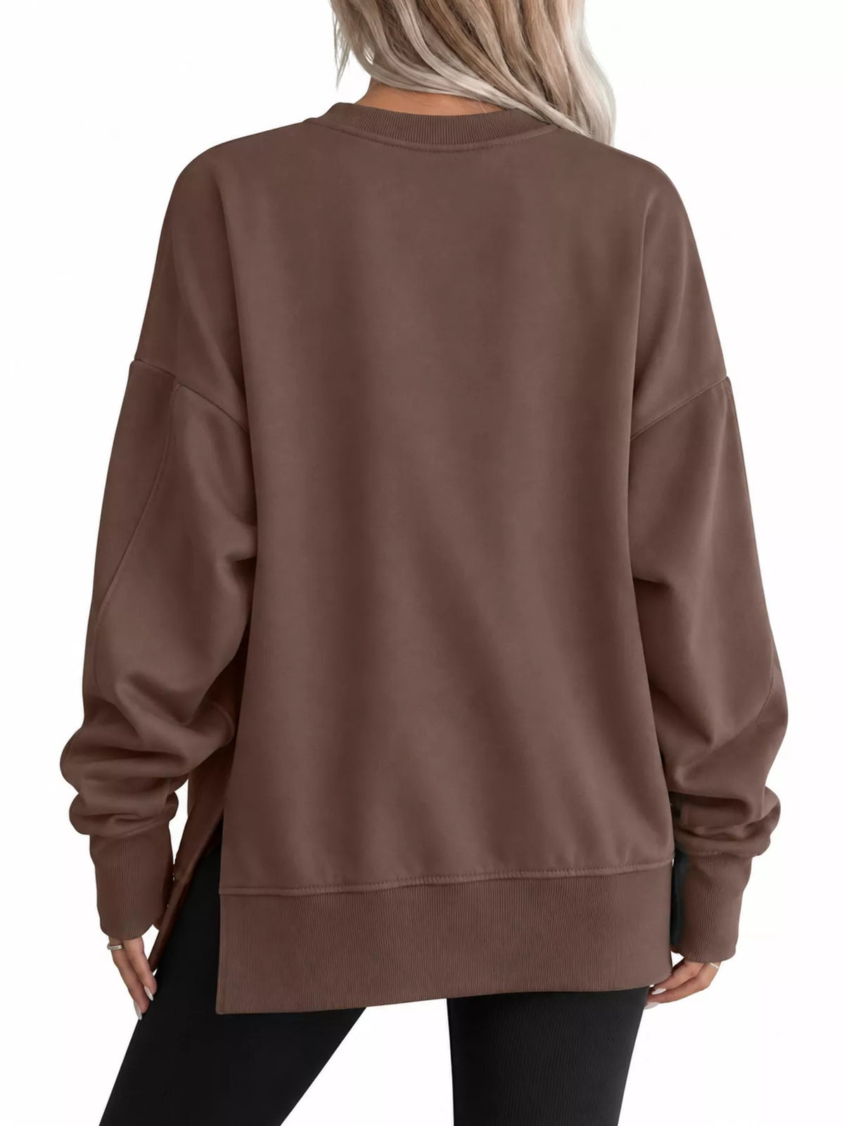 Brown oversized Crew Neck Sweatshirt with Side Slit — back view