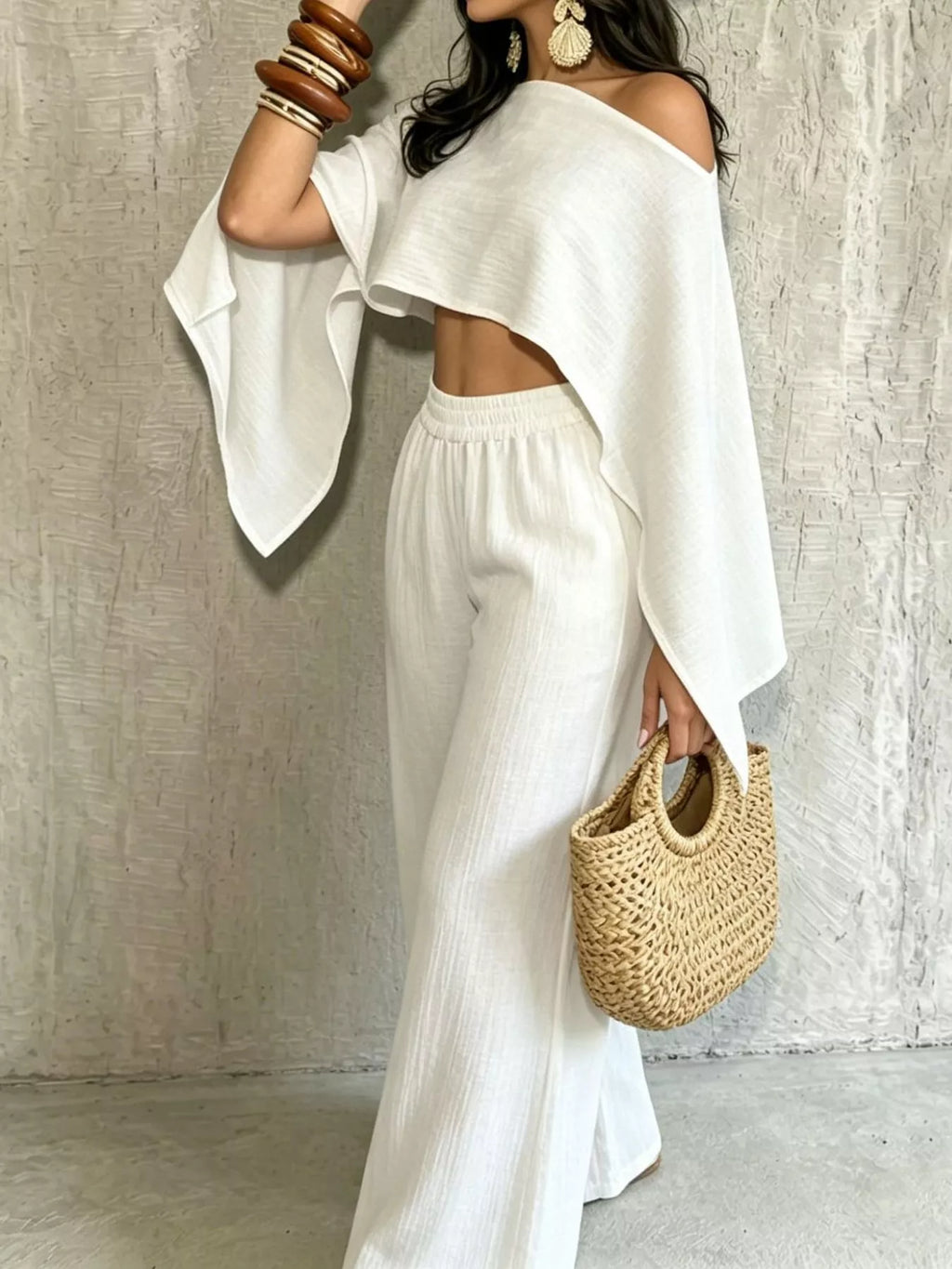 White boat Neck Crop Top and Wide-Leg Pants Set