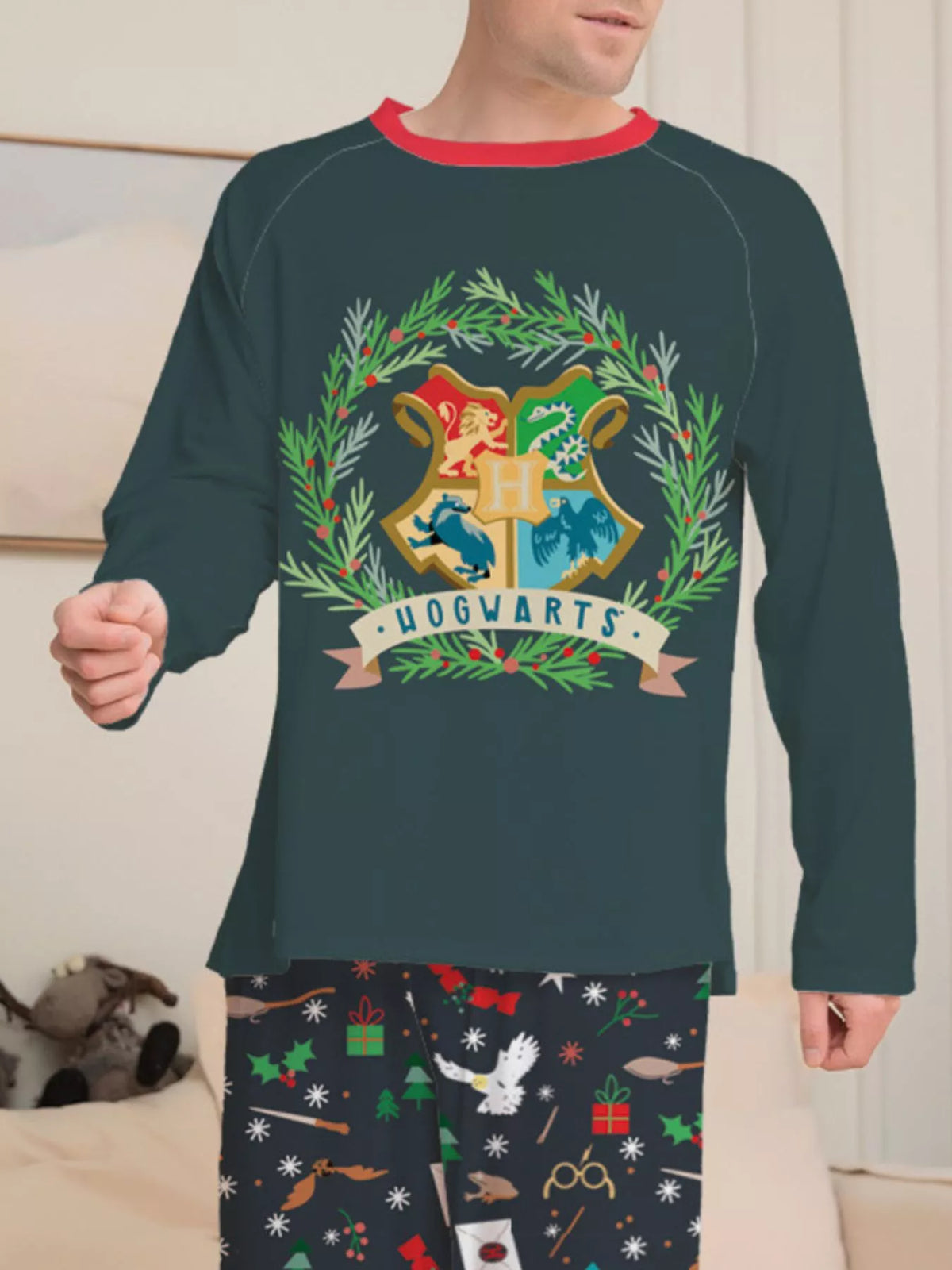 Hogwarts graphic and dark green pajama fabric