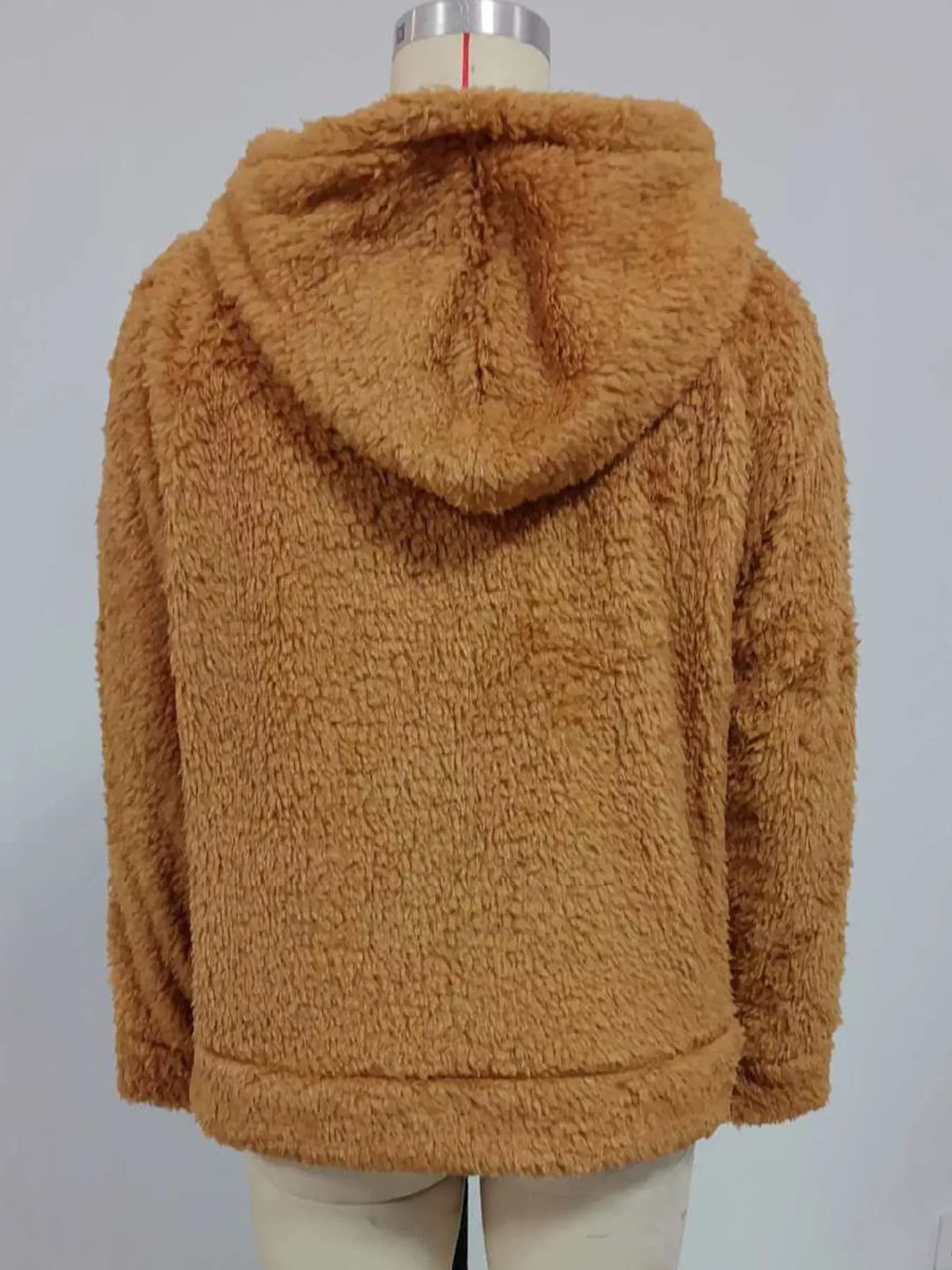 Brown drawstring Sherpa Zip-Up Hoodie — back view