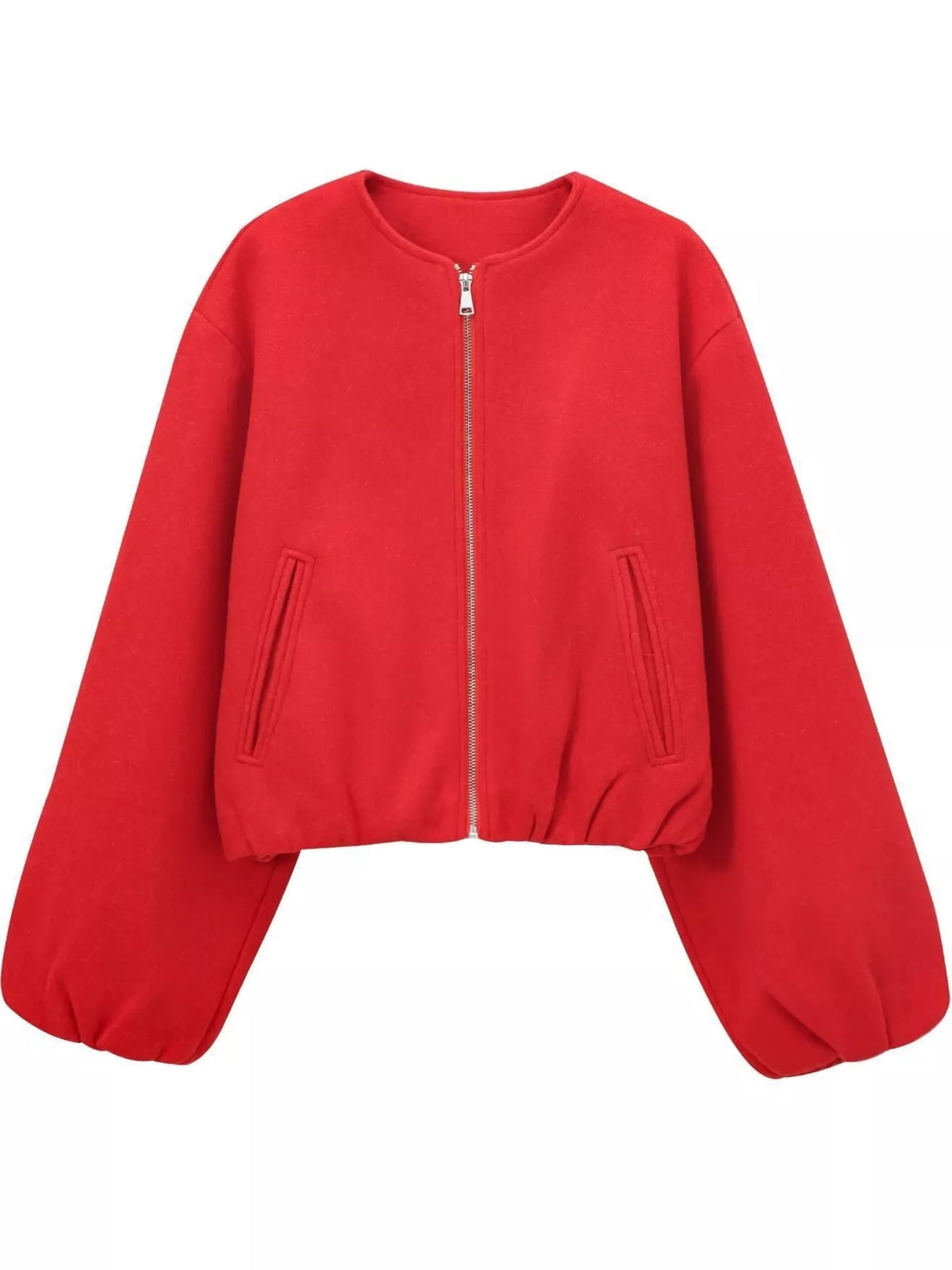 Bright-red round-neck zip-up jacket with gathered hem and sleeves, front view.