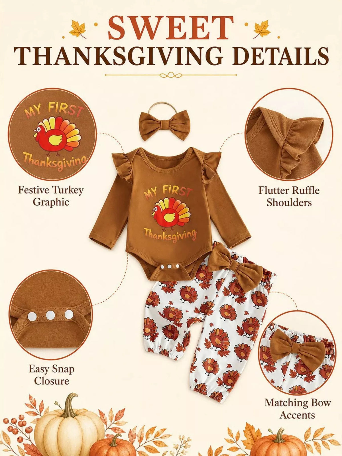 Thanksgiving outfit detail collage showing the turkey graphic, shoulder ruffles, snaps and matching bows.
