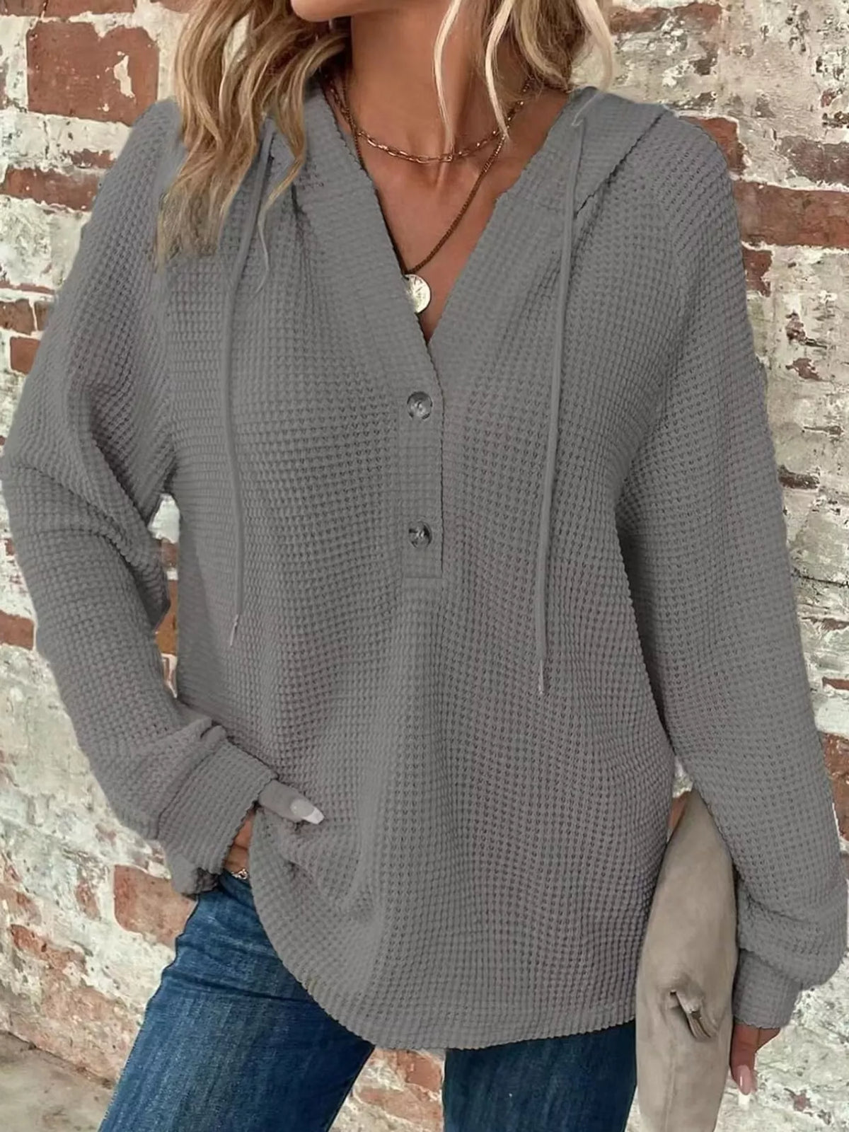 Gray waffle Knit Button Detail Hoodie