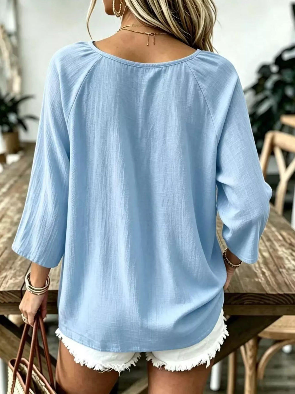 Light blue textured V-Neck T-Shirt — back view