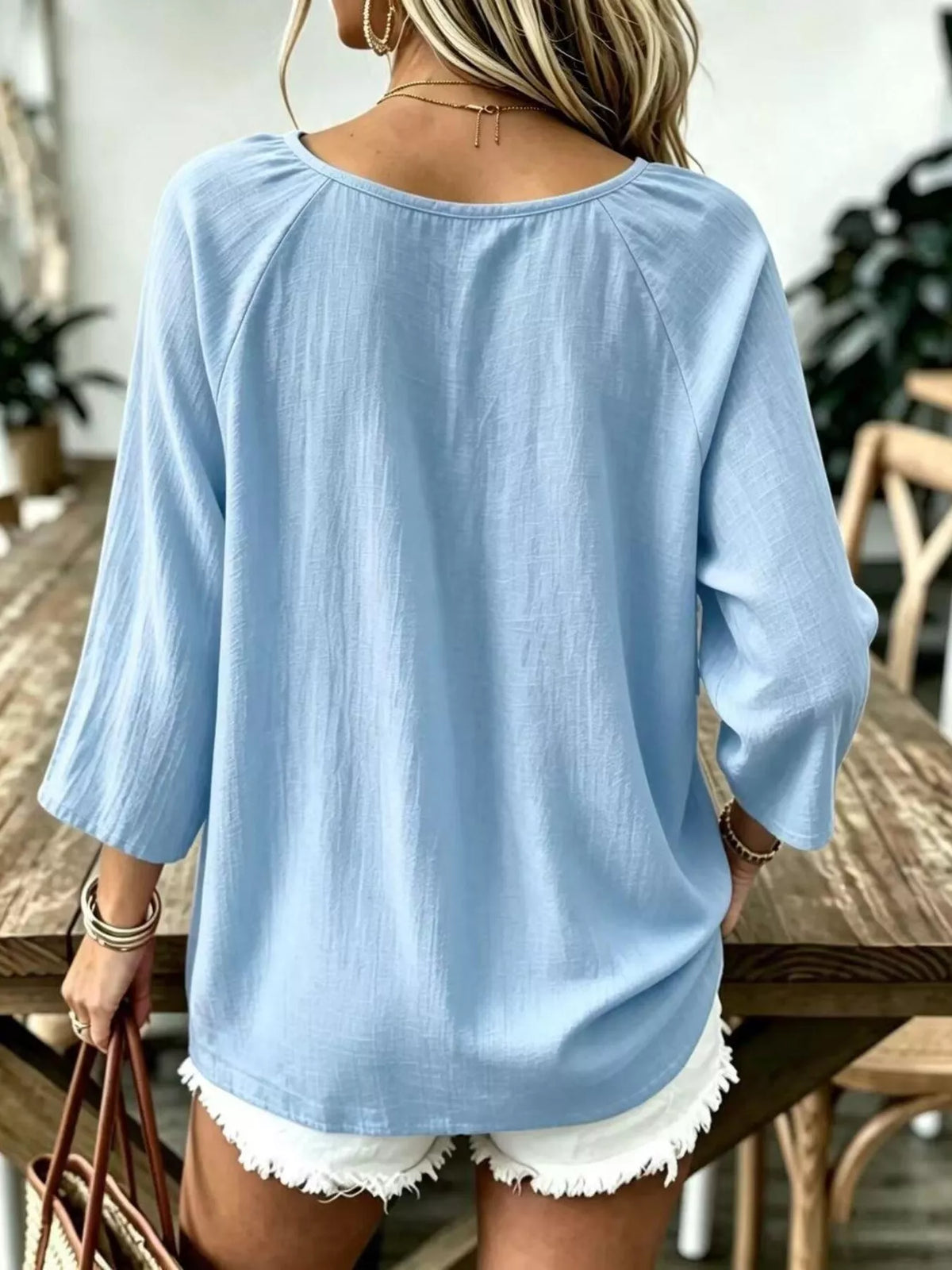 Light blue textured V-Neck T-Shirt — back view