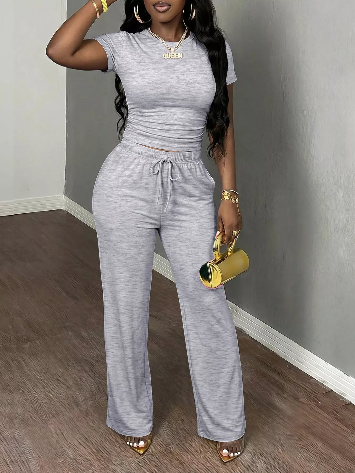 Gray short Sleeve Top and Wide Leg Pants Set