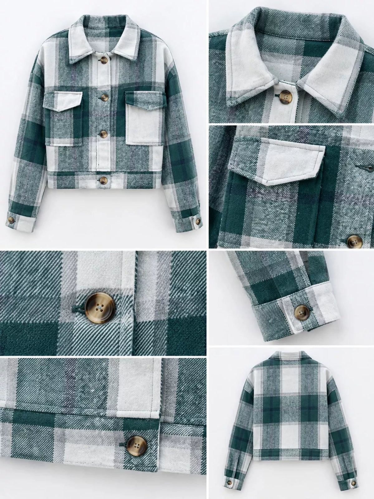 Collage of the green color-block plaid jacket's collar, chest pocket, buttons and cuff.