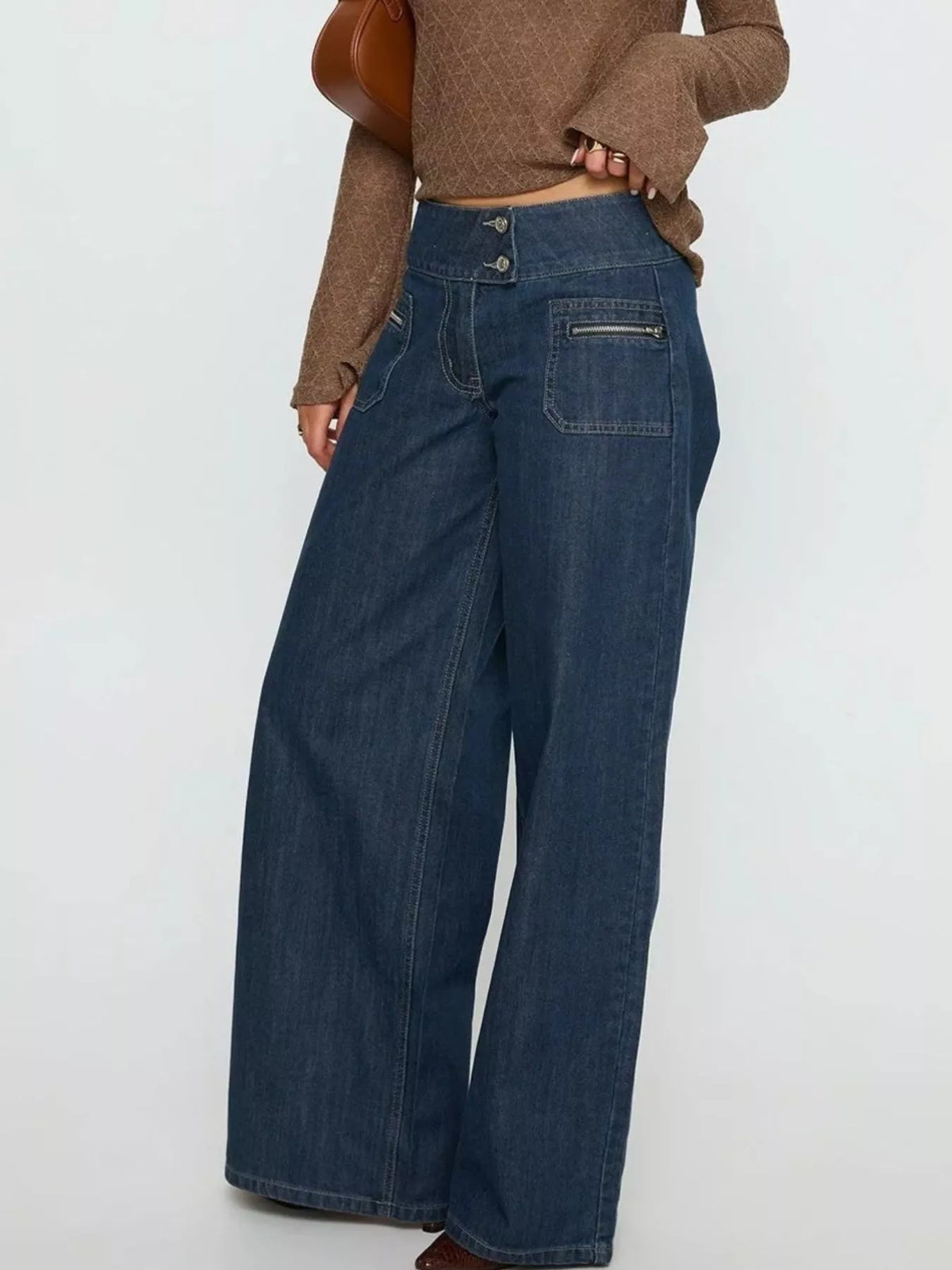 Dark blue high-Waisted Wide-Leg Jeans with Zippered Pockets