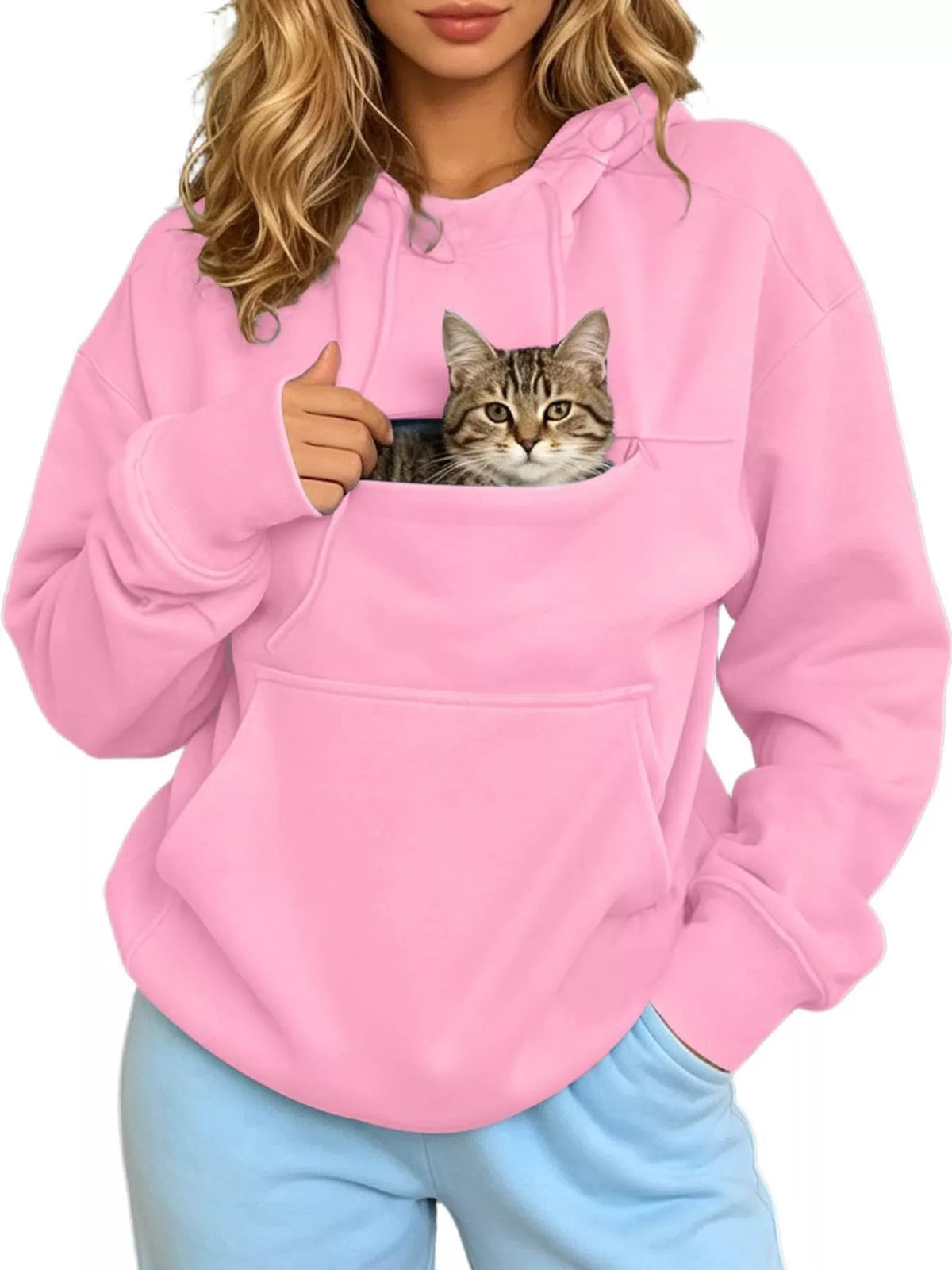 Pink cat Pouch Drawstring Hoodie