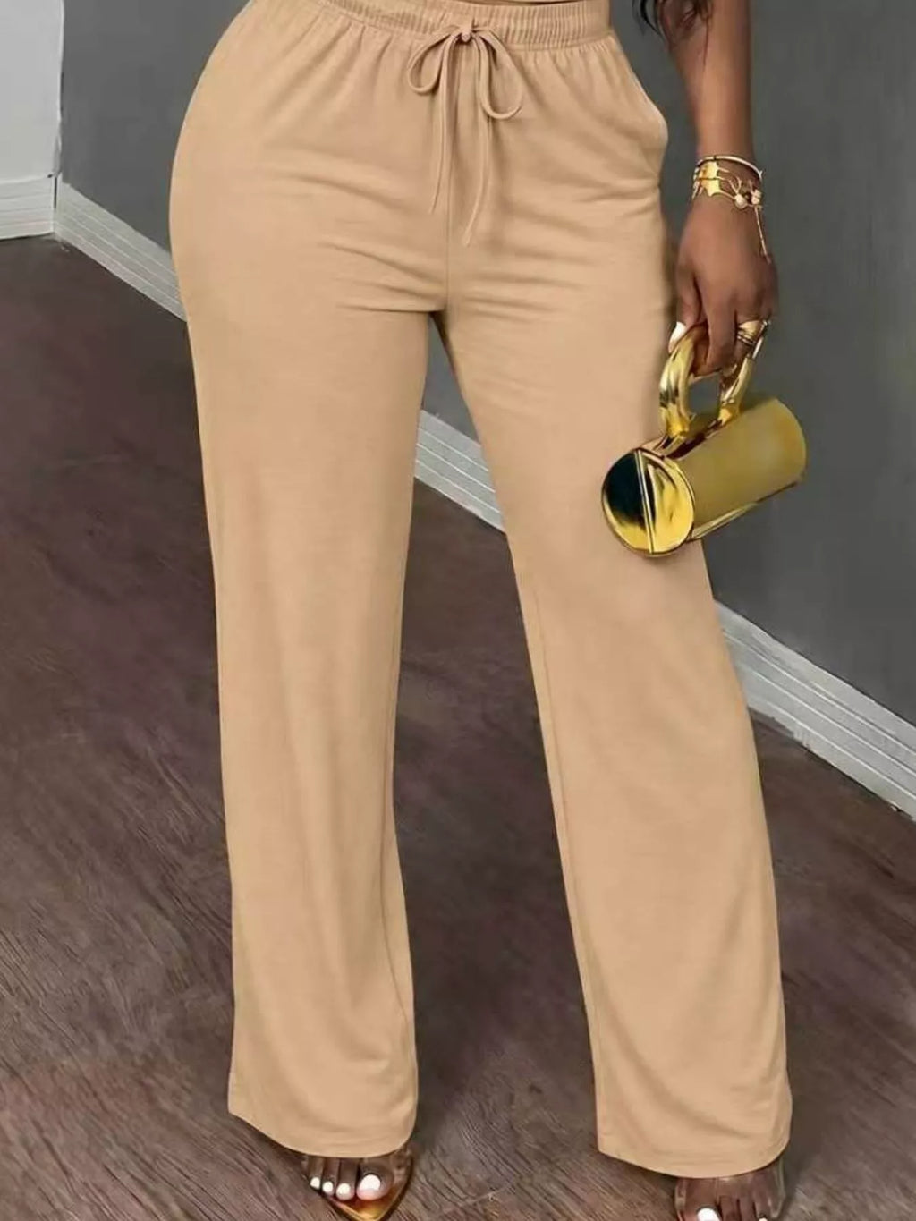 Tan short Sleeve Top and Wide Leg Pants Set — detail view